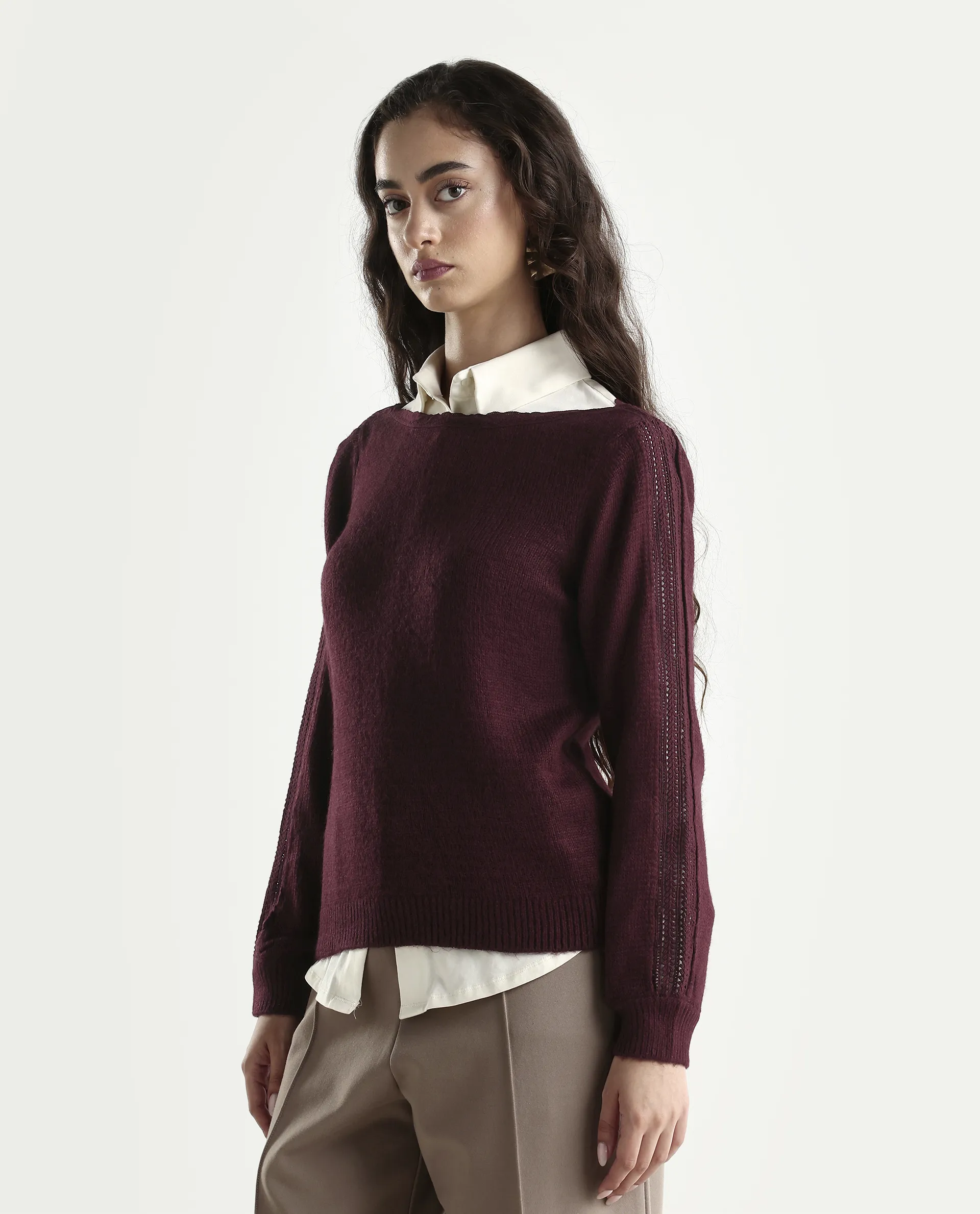 Rareism Women's Zula Dark Maroon Acrylic Blend Boat Neck Relaxed Fit Plain Sweater - Image 5