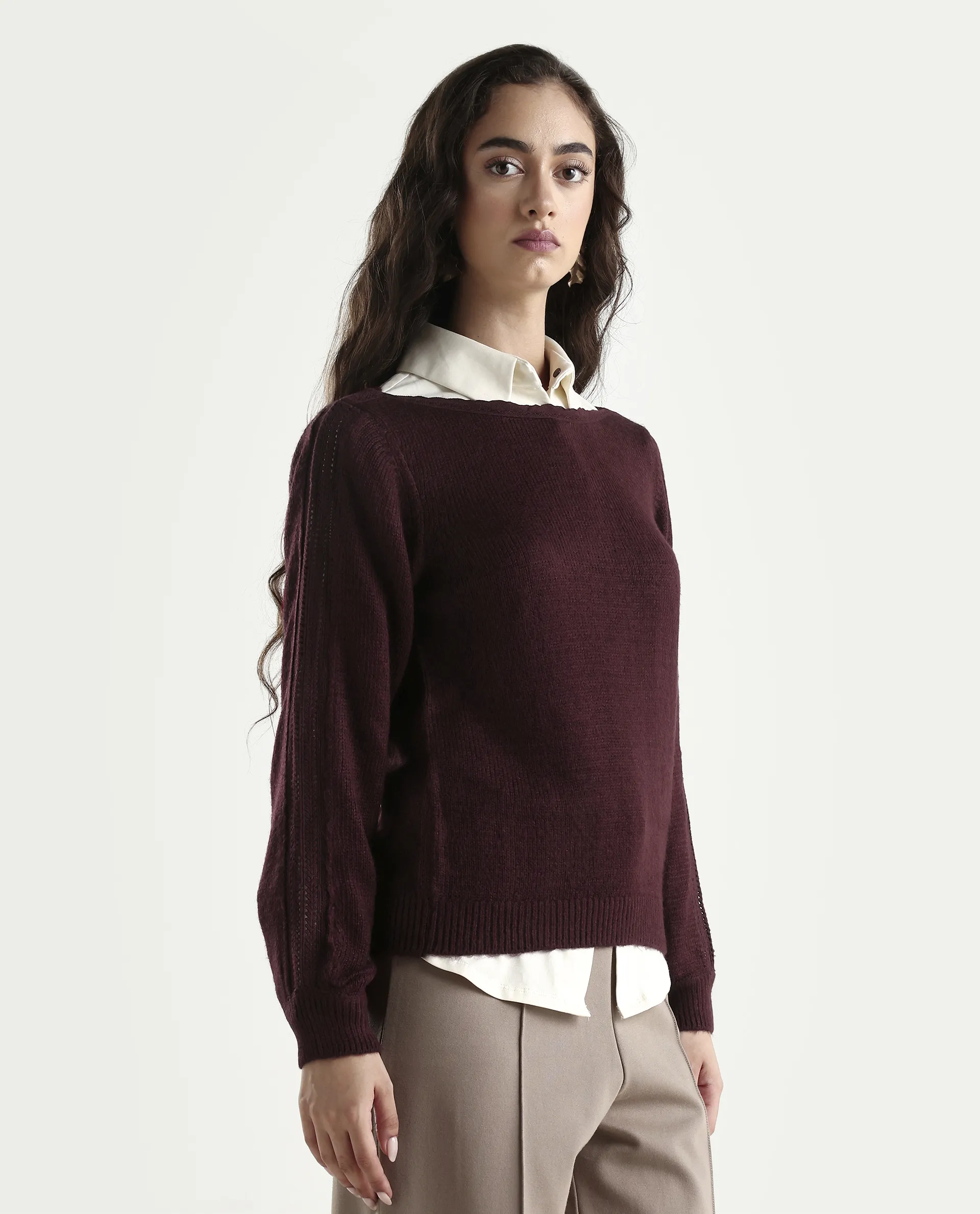 Rareism Women's Zula Dark Maroon Acrylic Blend Boat Neck Relaxed Fit Plain Sweater - Image 6