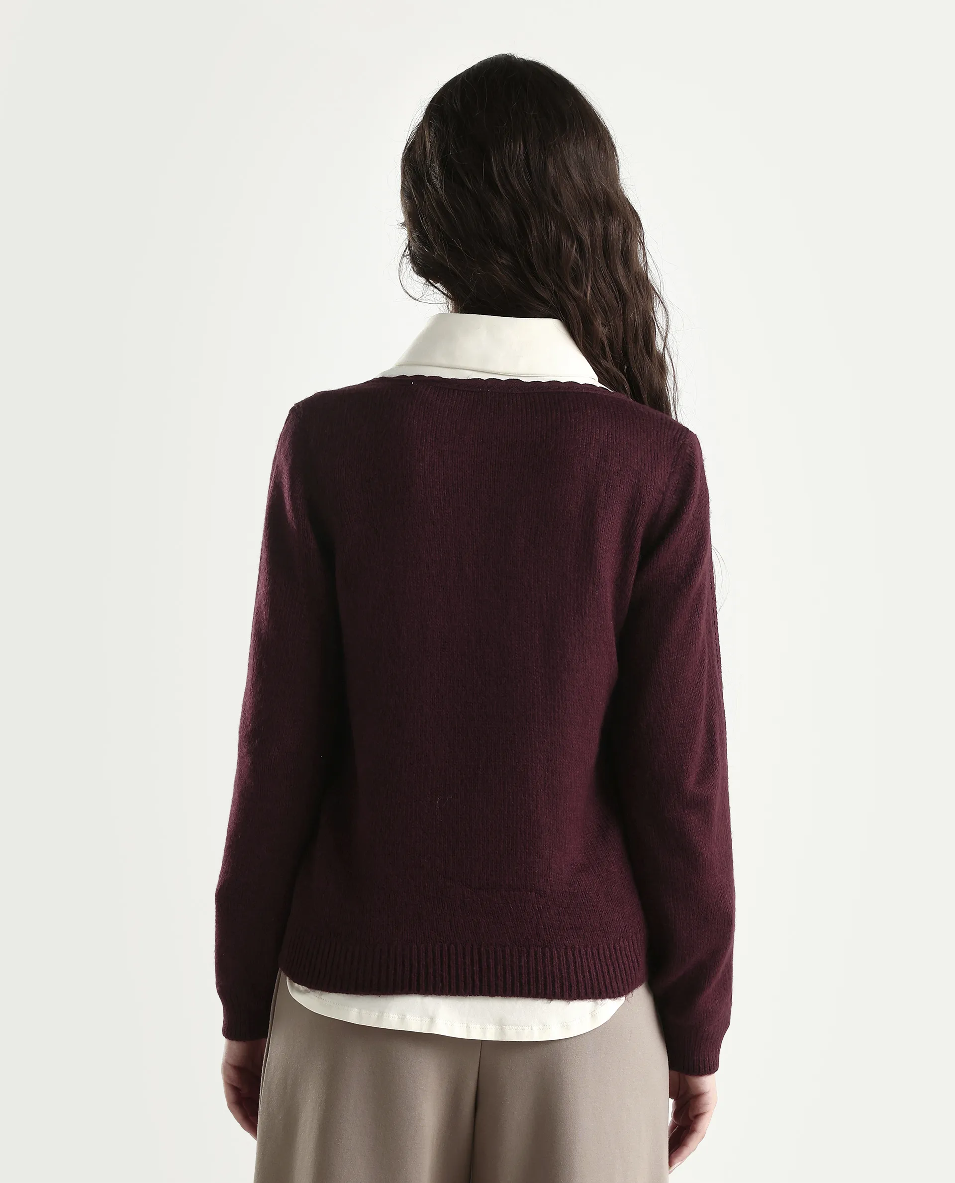 Rareism Women's Zula Dark Maroon Acrylic Blend Boat Neck Relaxed Fit Plain Sweater - Image 7