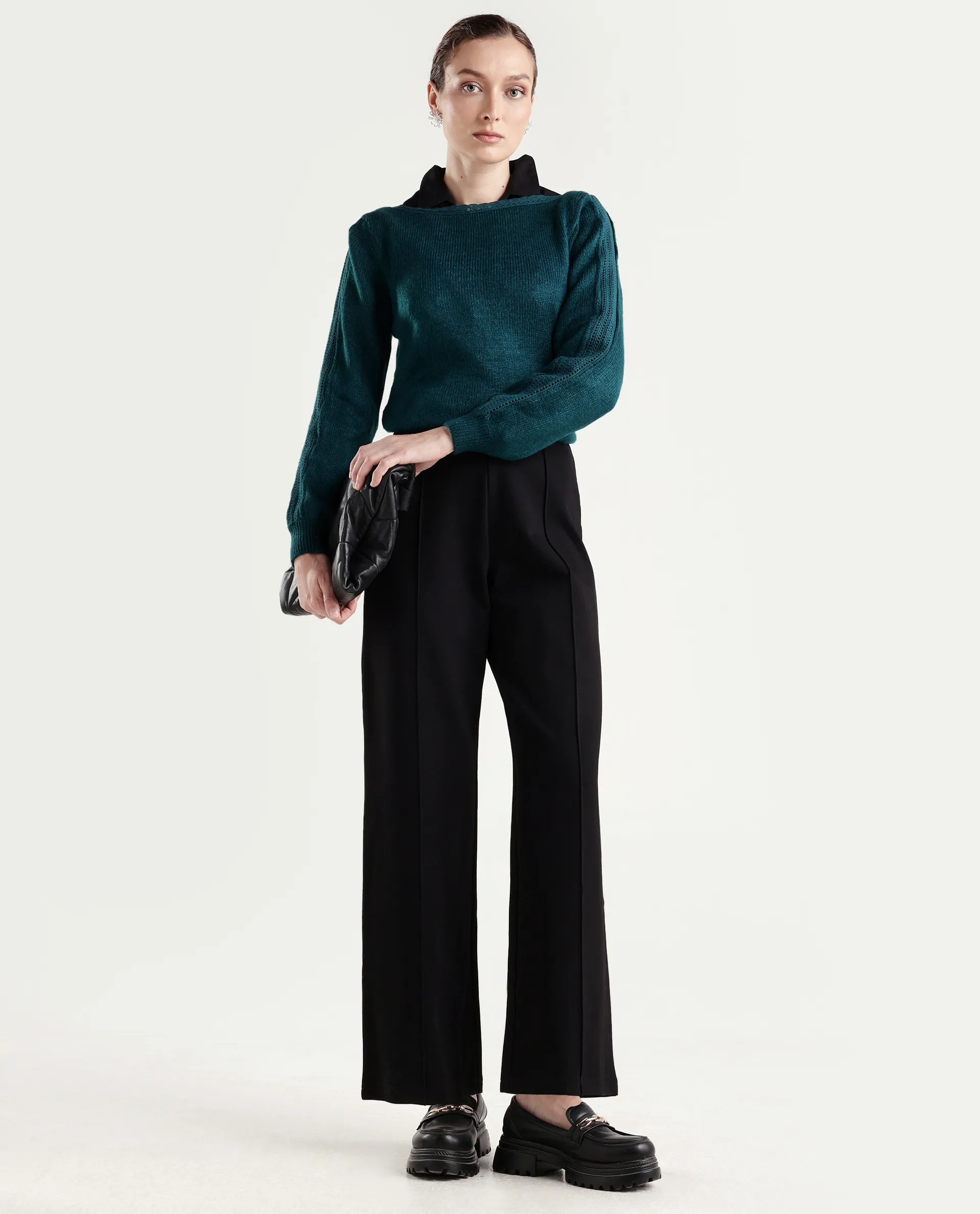 Rareism Women's Zula Dark Teal Acrylic Blend Boat Neck Relaxed Fit Plain Sweater - Image 2