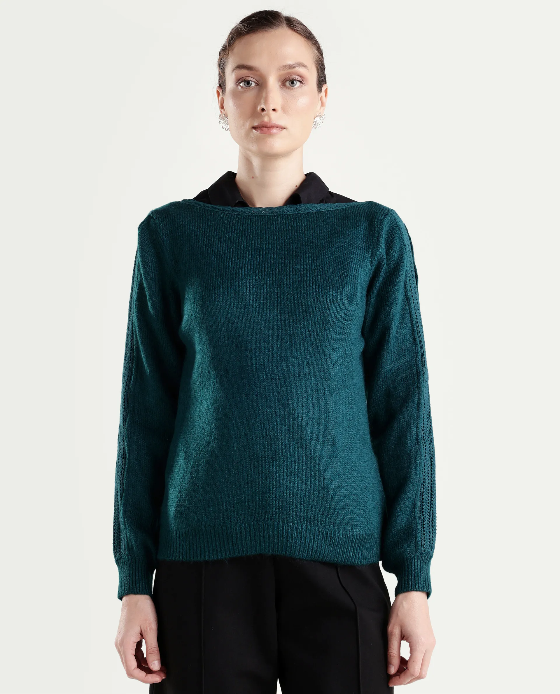 Rareism Women's Zula Dark Teal Acrylic Blend Boat Neck Relaxed Fit Plain Sweater - Image 3