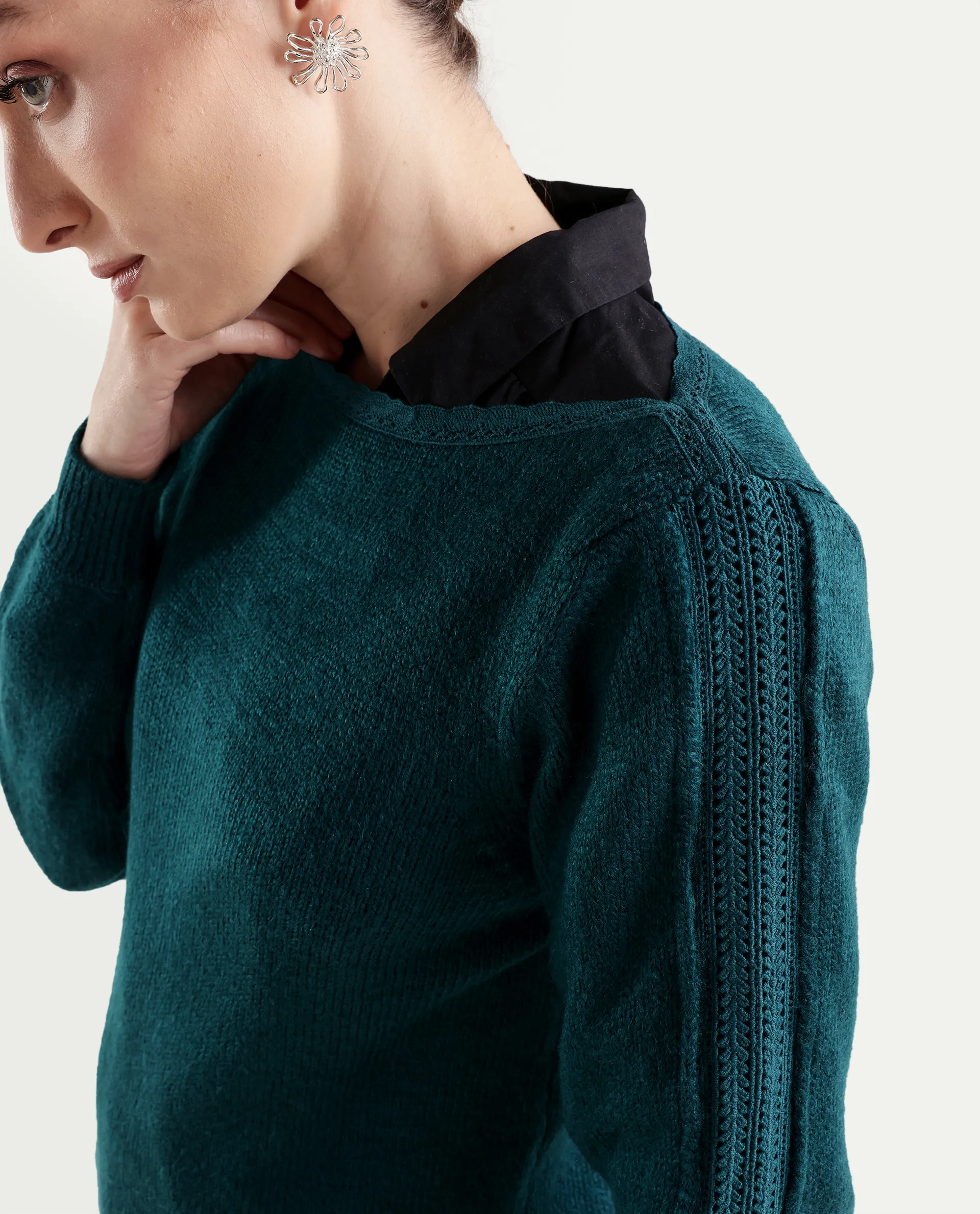 Rareism Women's Zula Dark Teal Acrylic Blend Boat Neck Relaxed Fit Plain Sweater - Image 4