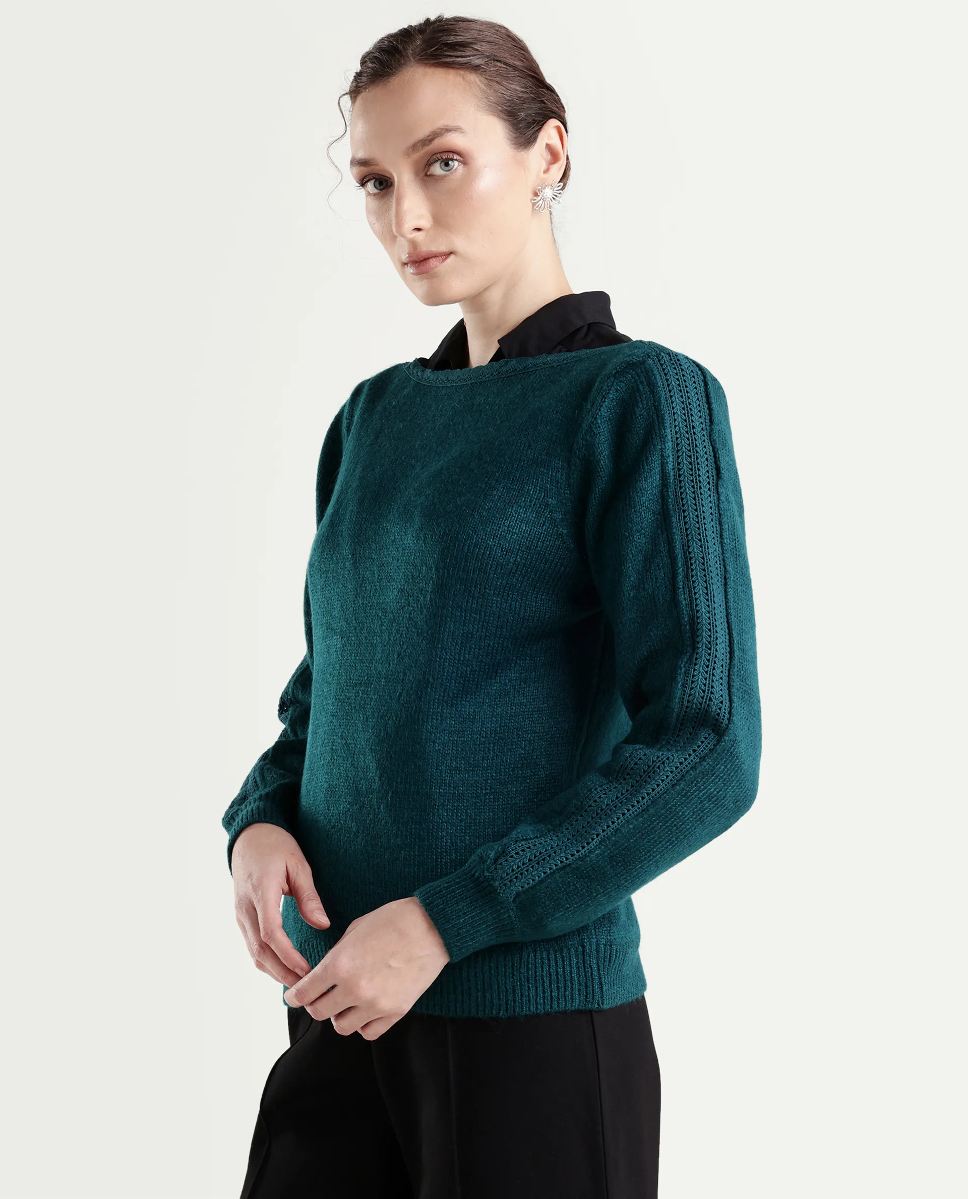 Rareism Women's Zula Dark Teal Acrylic Blend Boat Neck Relaxed Fit Plain Sweater - Image 5