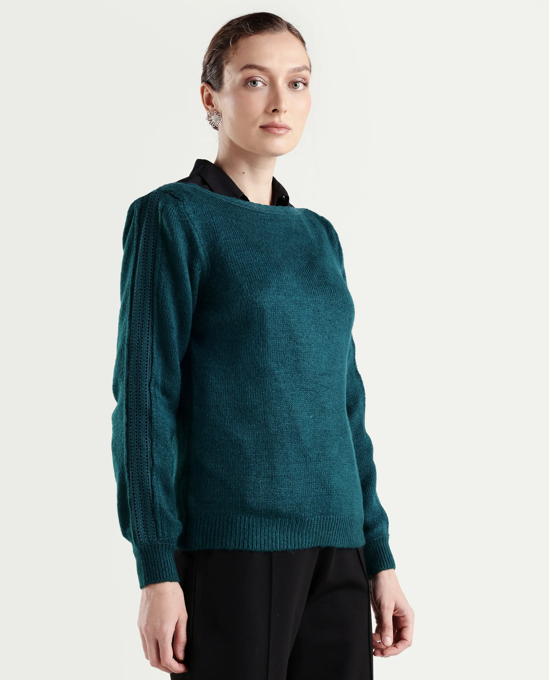 Rareism Women's Zula Dark Teal Acrylic Blend Boat Neck Relaxed Fit Plain Sweater - Image 6