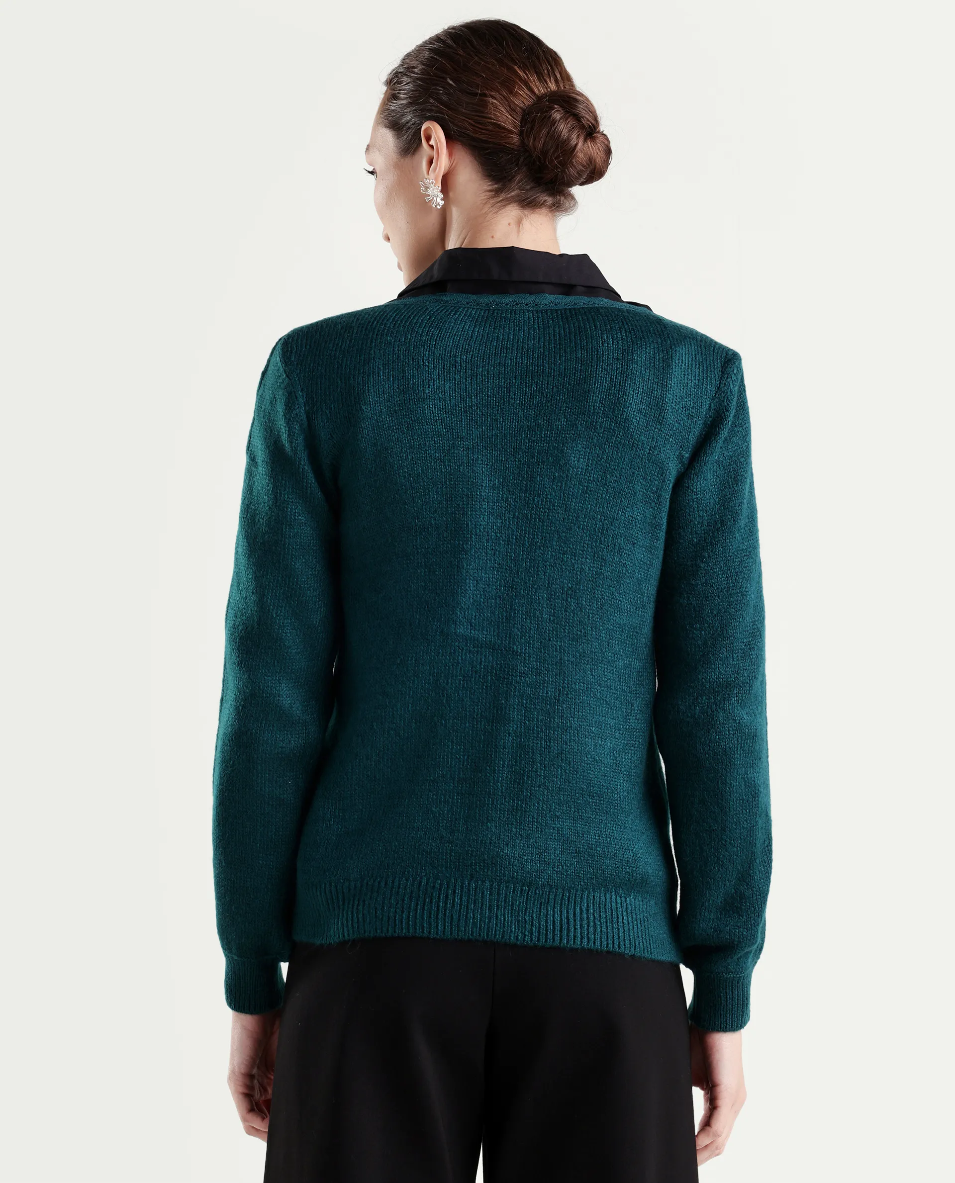 Rareism Women's Zula Dark Teal Acrylic Blend Boat Neck Relaxed Fit Plain Sweater - Image 7