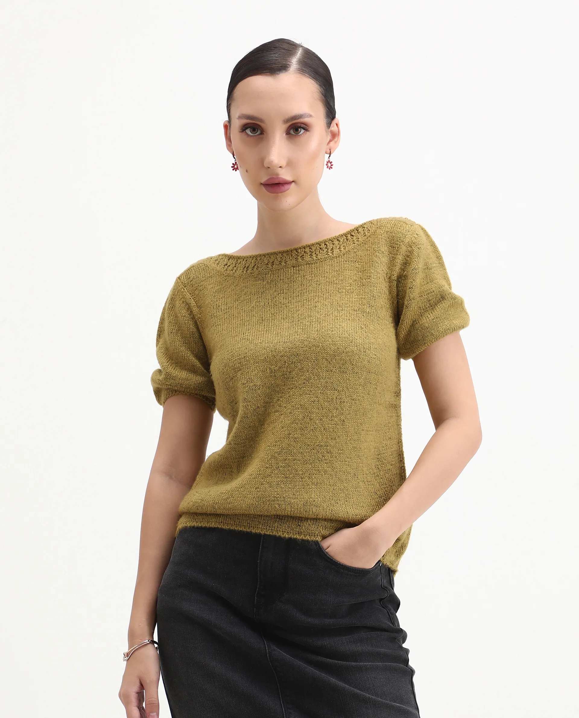 Rareism Women's Zulaii Light Green Acrylic Blend Boat Neck Relaxed Fit Plain Sweater - Image 3