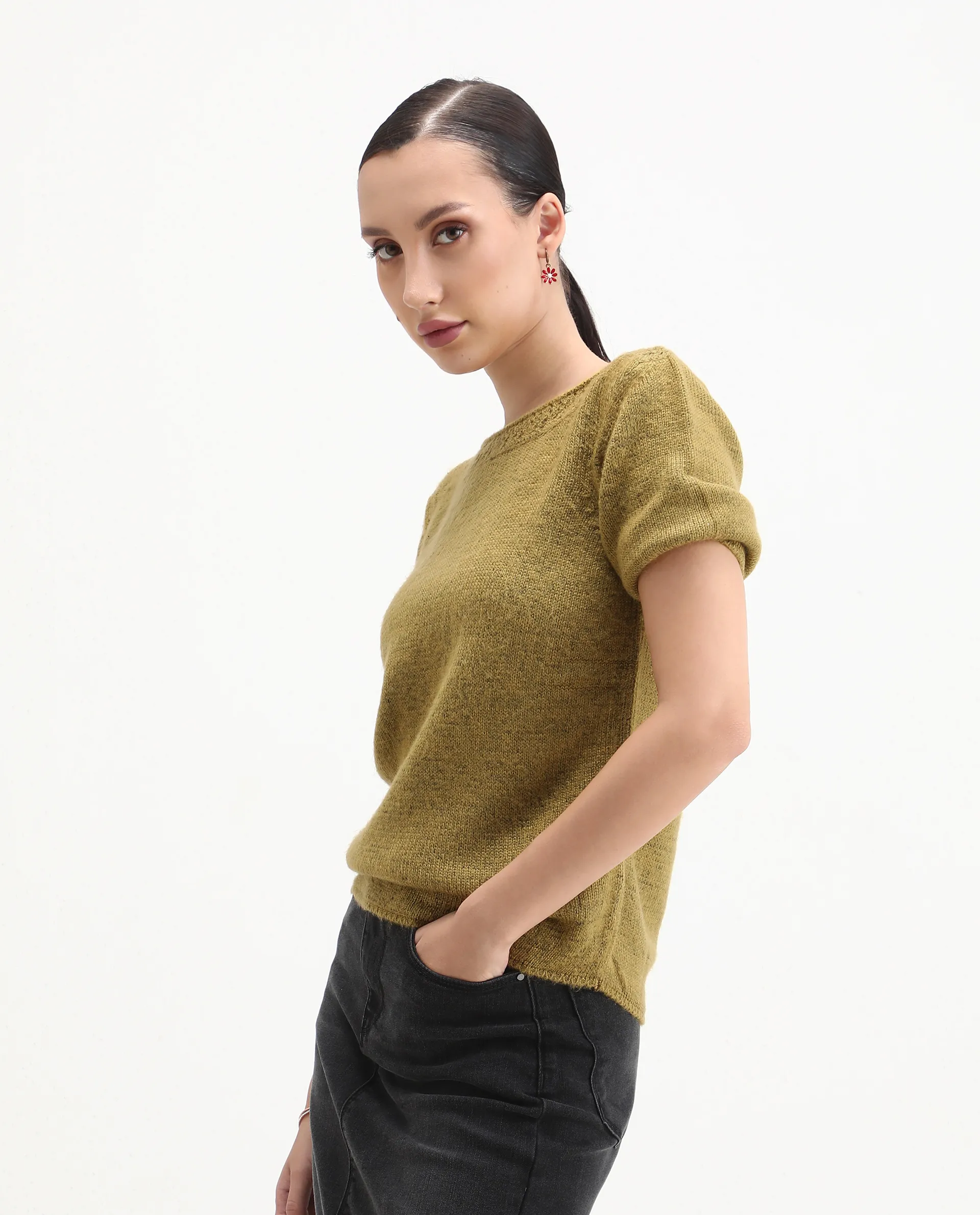 Rareism Women's Zulaii Light Green Acrylic Blend Boat Neck Relaxed Fit Plain Sweater - Image 5