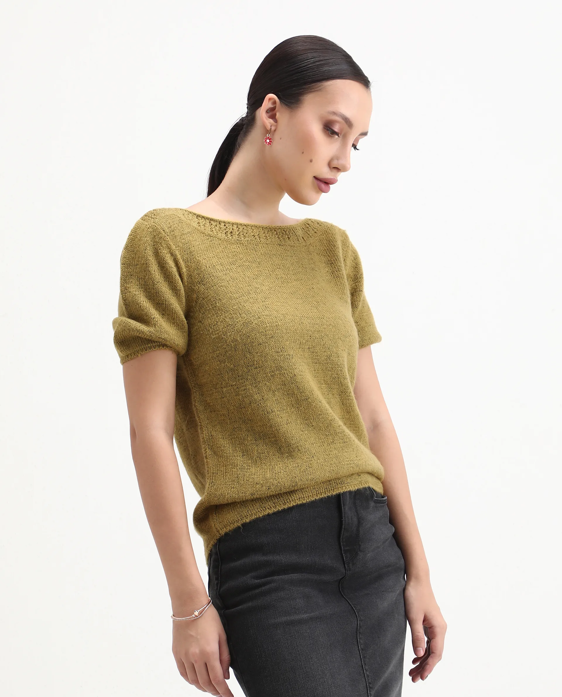 Rareism Women's Zulaii Light Green Acrylic Blend Boat Neck Relaxed Fit Plain Sweater - Image 6
