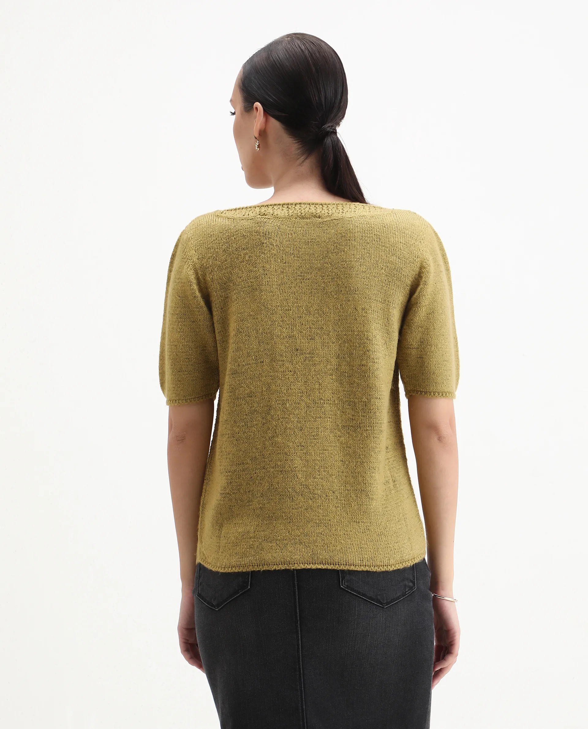 Rareism Women's Zulaii Light Green Acrylic Blend Boat Neck Relaxed Fit Plain Sweater - Image 7