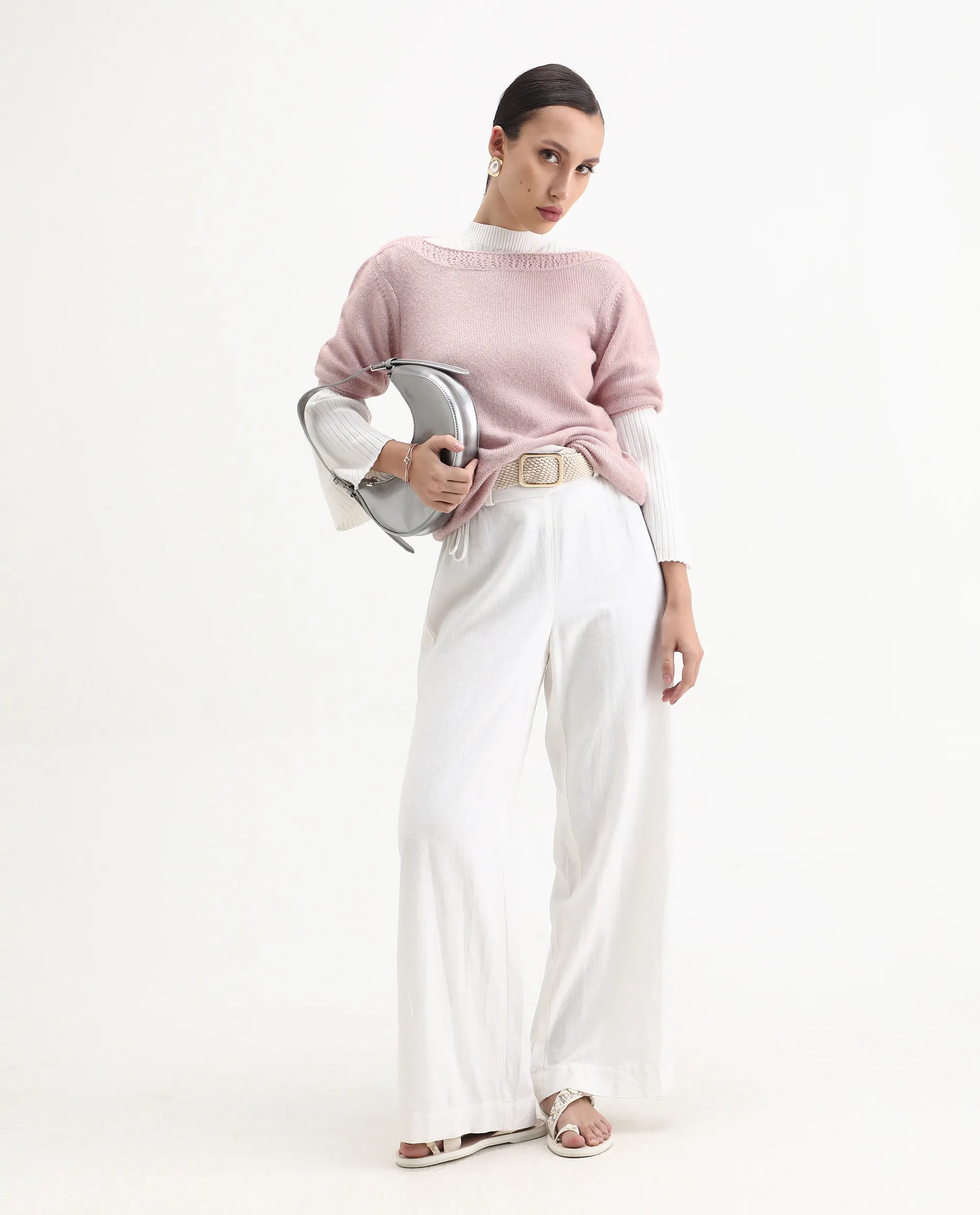 Rareism Women's Zulaii Light Pink Acrylic Blend Boat Neck Relaxed Fit Plain Sweater - Image 2