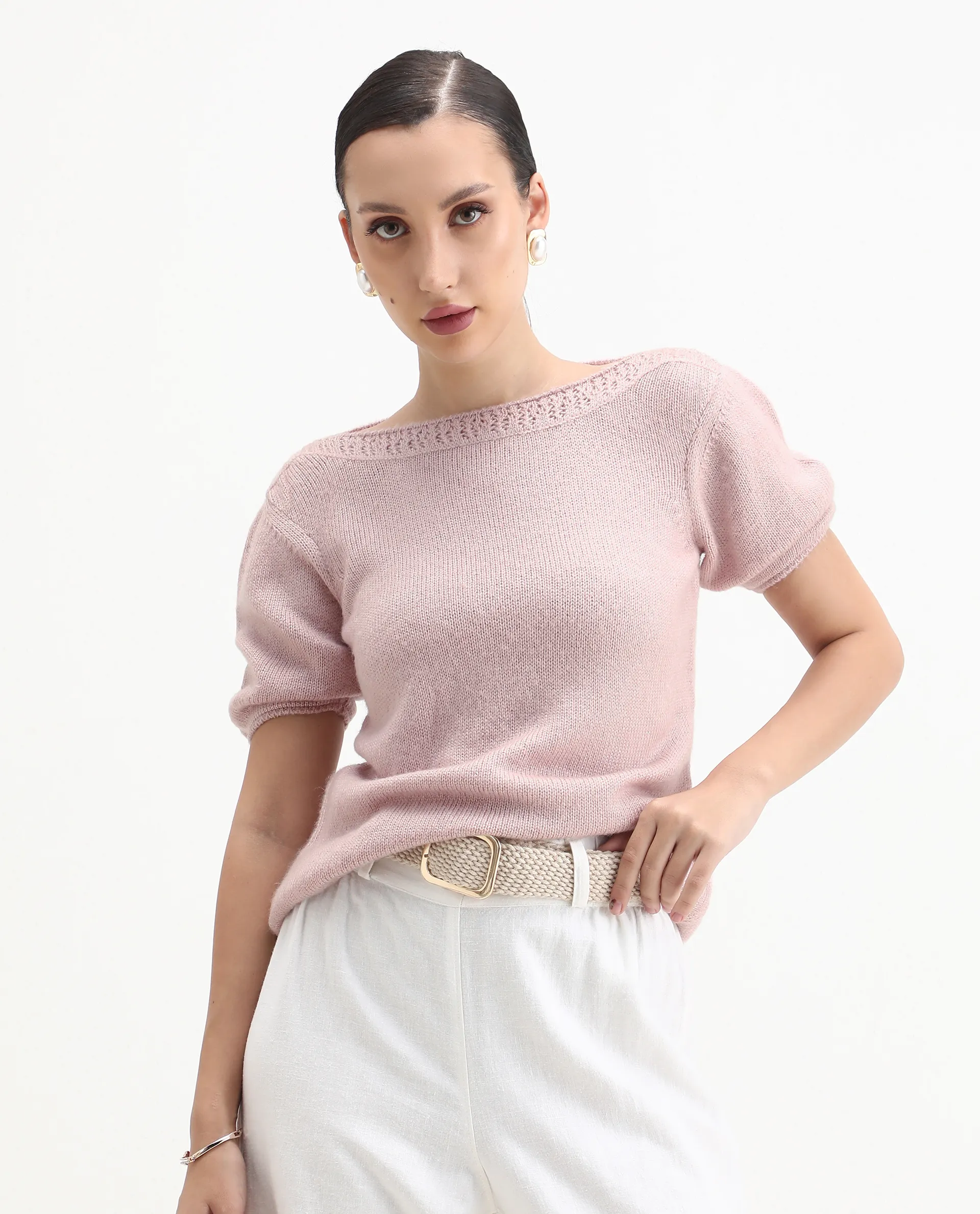 Rareism Women's Zulaii Light Pink Acrylic Blend Boat Neck Relaxed Fit Plain Sweater - Image 3