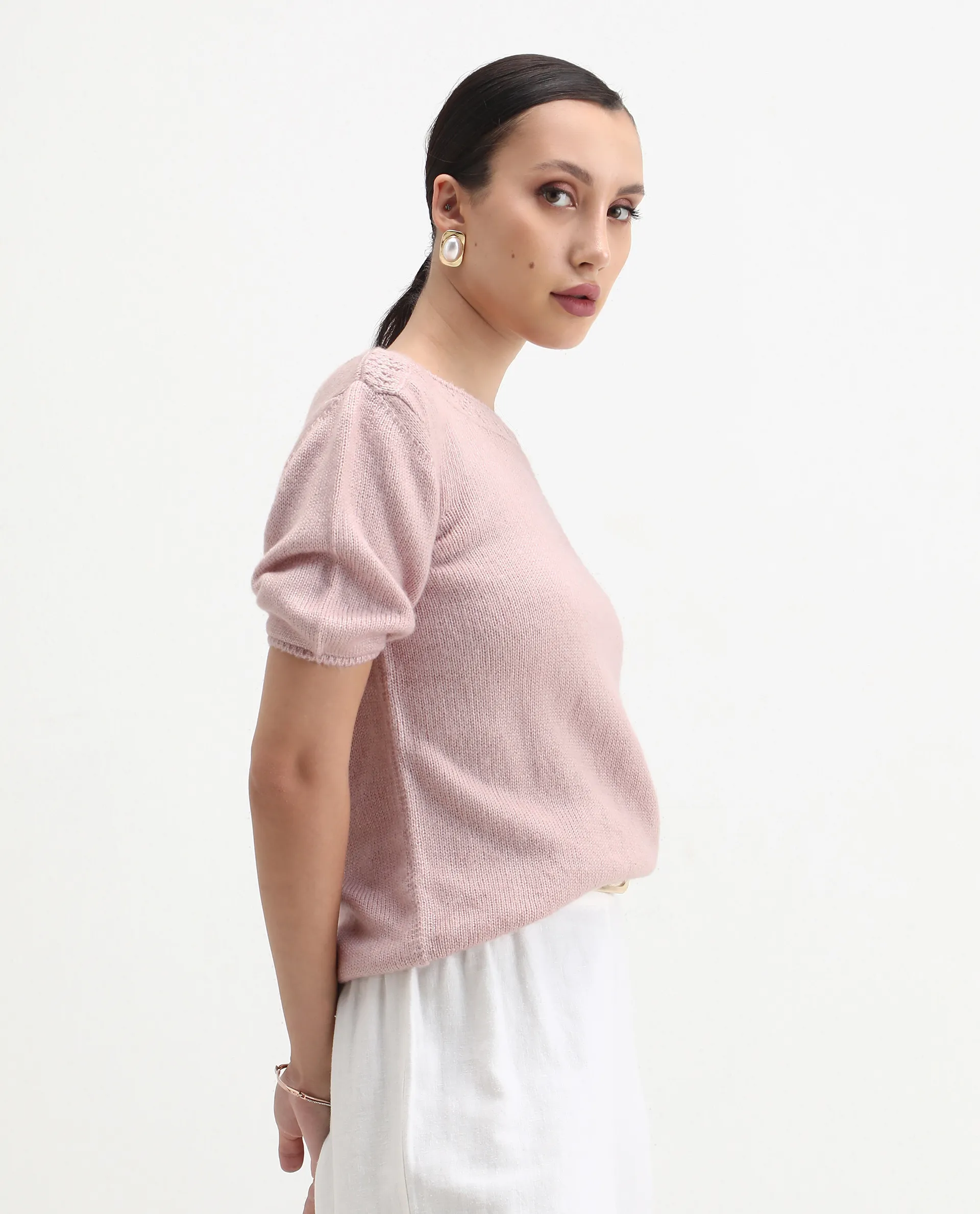 Rareism Women's Zulaii Light Pink Acrylic Blend Boat Neck Relaxed Fit Plain Sweater - Image 6