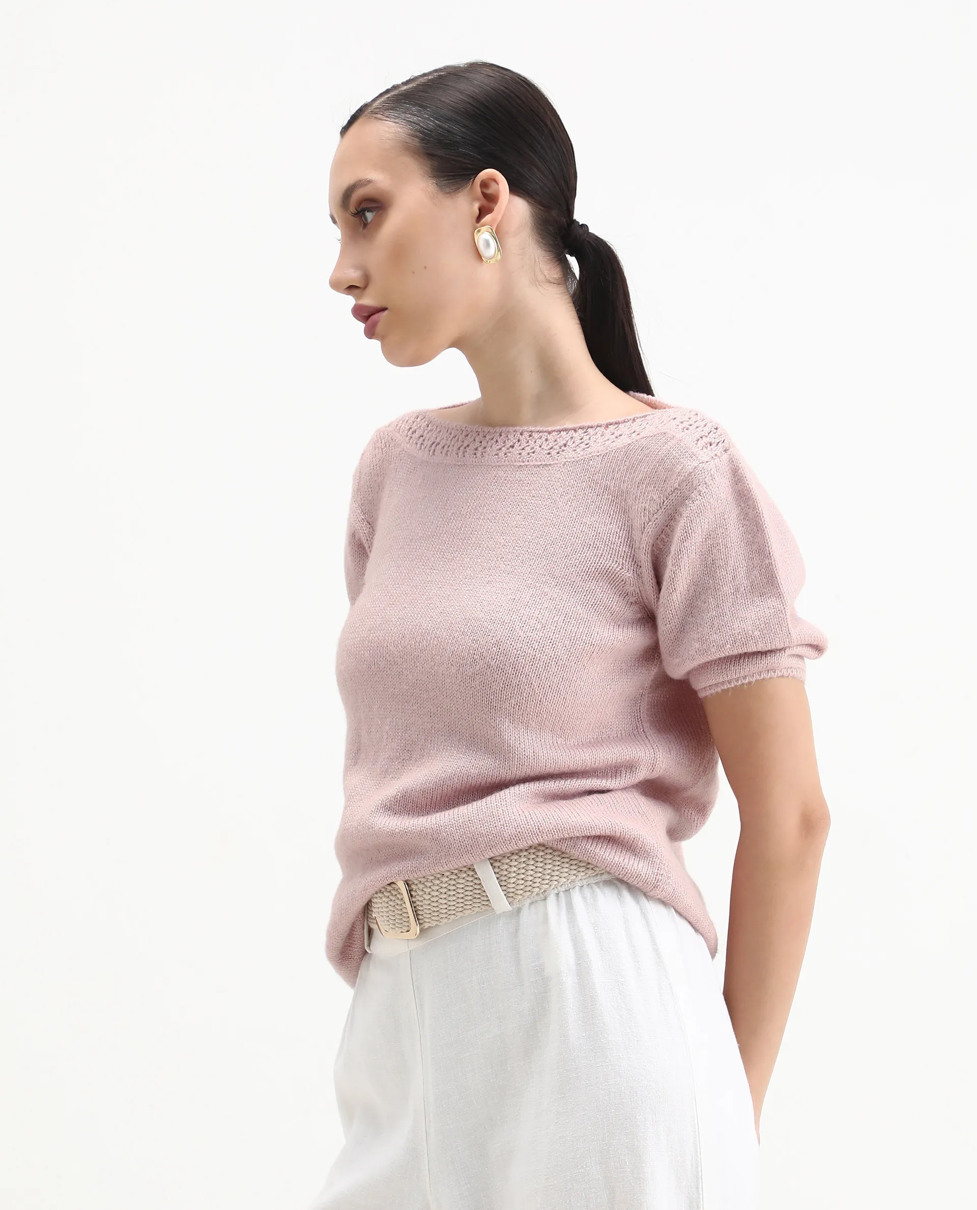 Rareism Women's Zulaii Light Pink Acrylic Blend Boat Neck Relaxed Fit Plain Sweater - Image 7