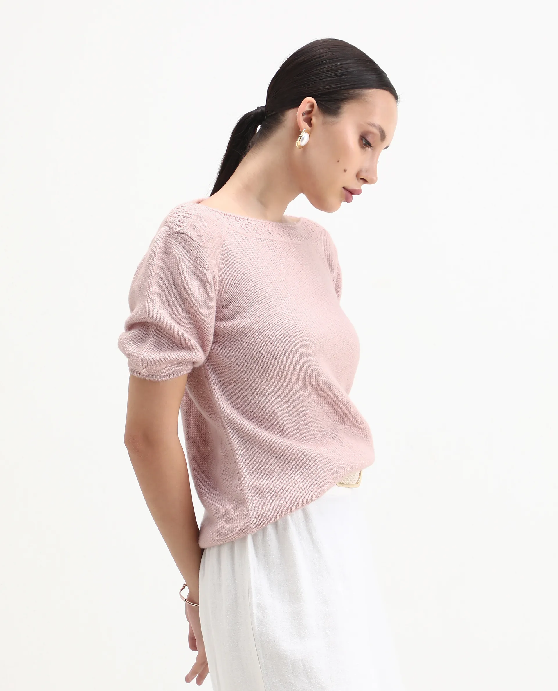 Rareism Women's Zulaii Light Pink Acrylic Blend Boat Neck Relaxed Fit Plain Sweater - Image 8