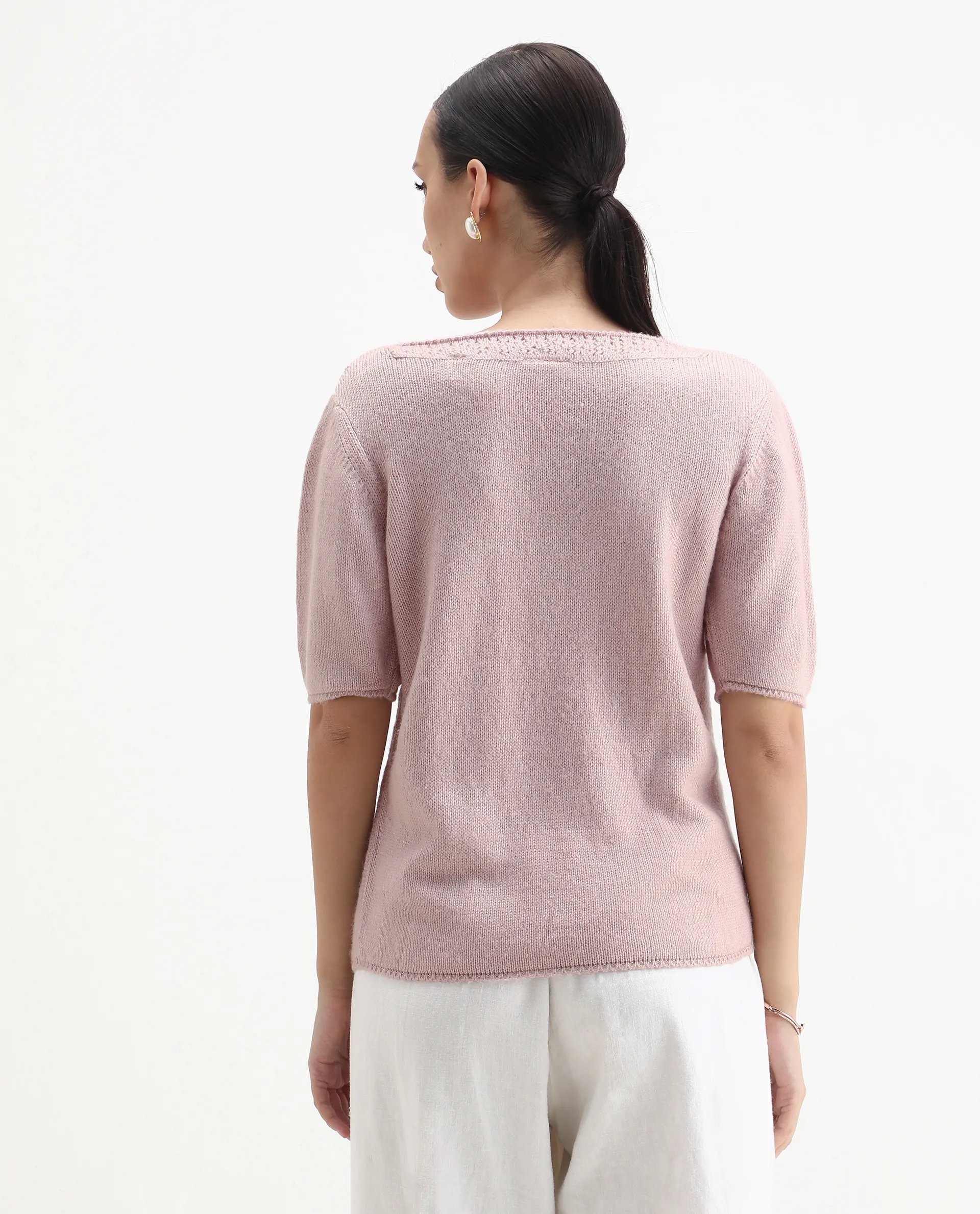 Rareism Women's Zulaii Light Pink Acrylic Blend Boat Neck Relaxed Fit Plain Sweater - Image 9