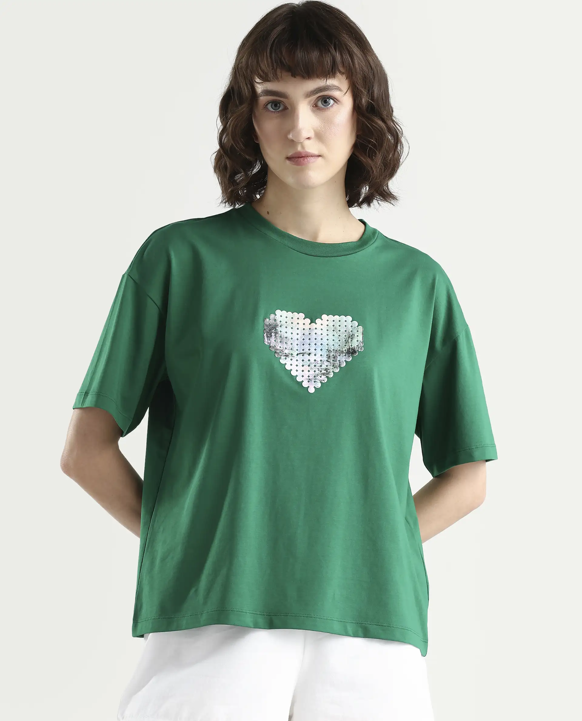 Rareism Women's Zule Dark Green Cotton Blend Half Sleeve Boxy Hd Print T-Shirt Oversize - Image 2