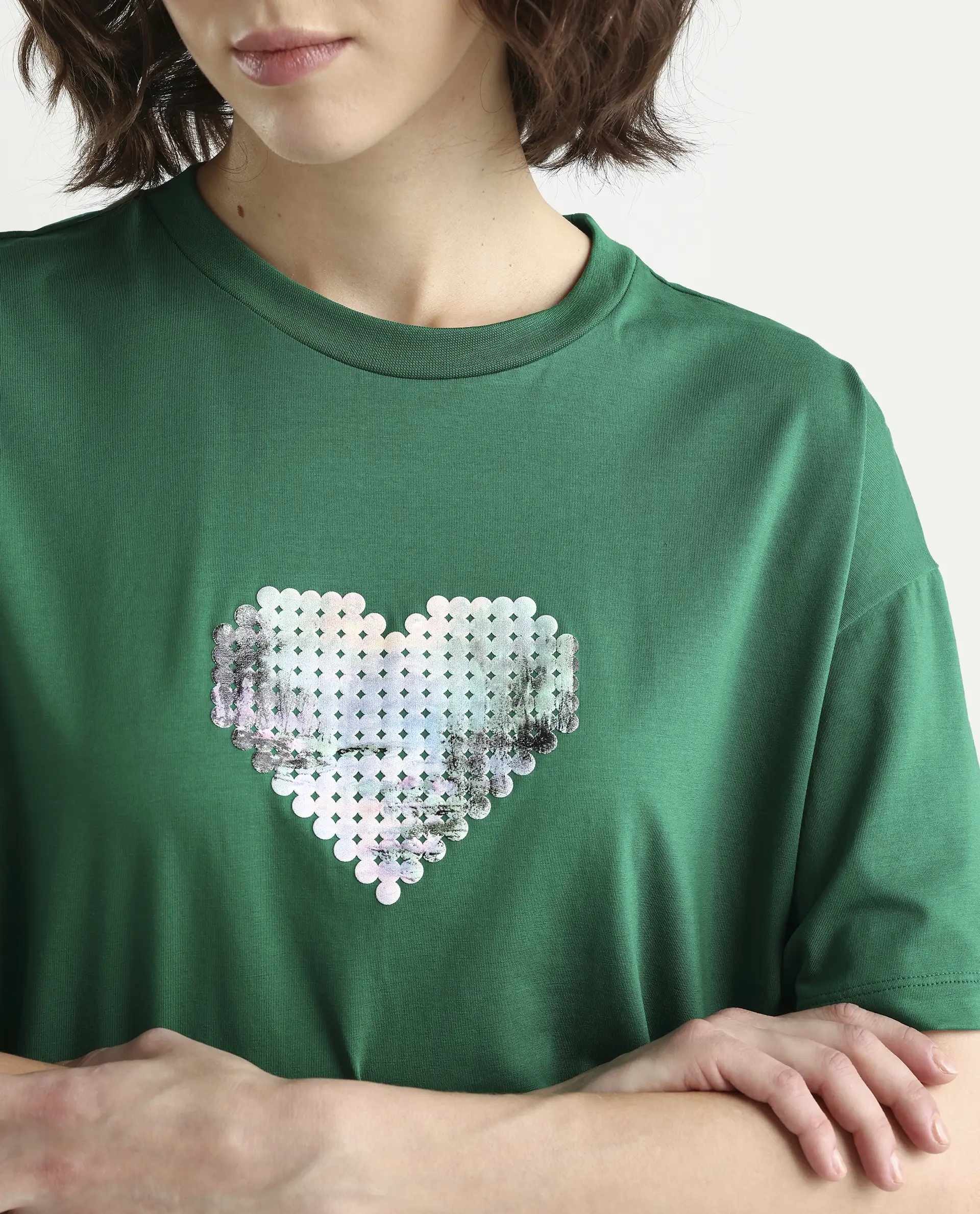 Rareism Women's Zule Dark Green Cotton Blend Half Sleeve Boxy Hd Print T-Shirt Oversize - Image 4
