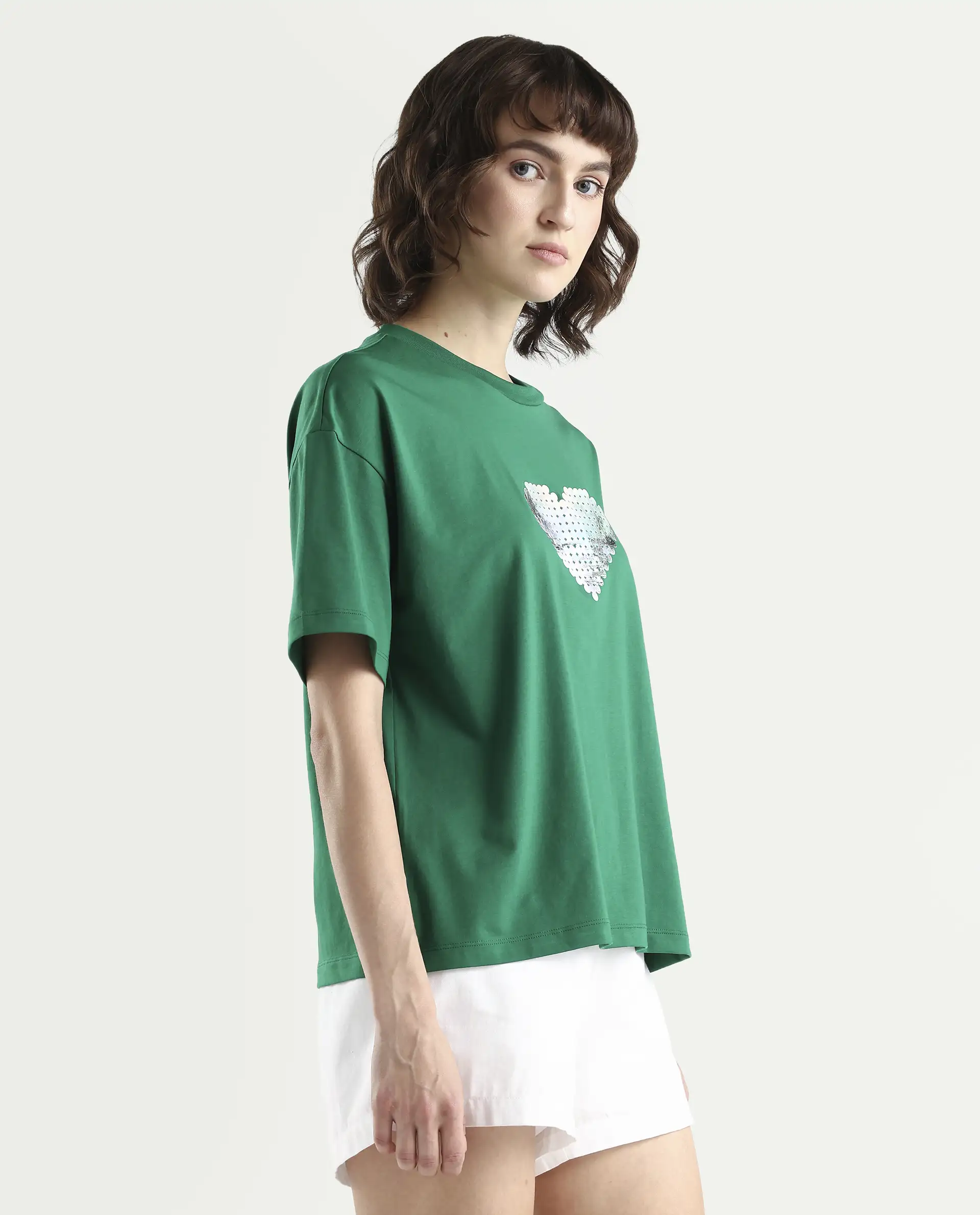 Rareism Women's Zule Dark Green Cotton Blend Half Sleeve Boxy Hd Print T-Shirt Oversize - Image 5