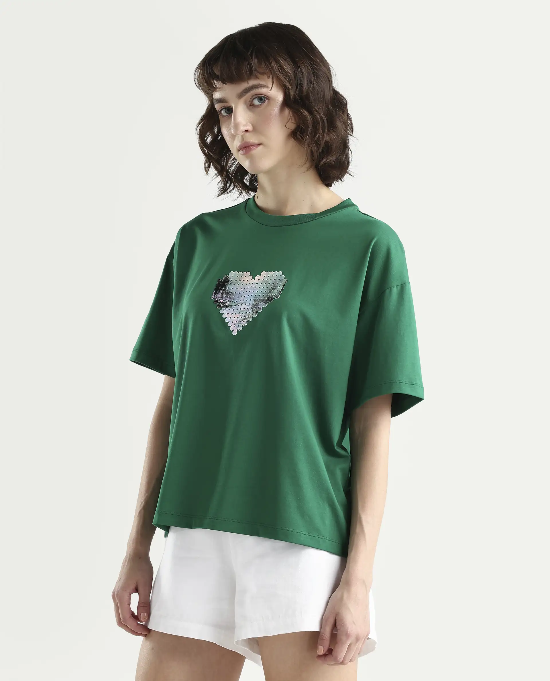 Rareism Women's Zule Dark Green Cotton Blend Half Sleeve Boxy Hd Print T-Shirt Oversize - Image 6