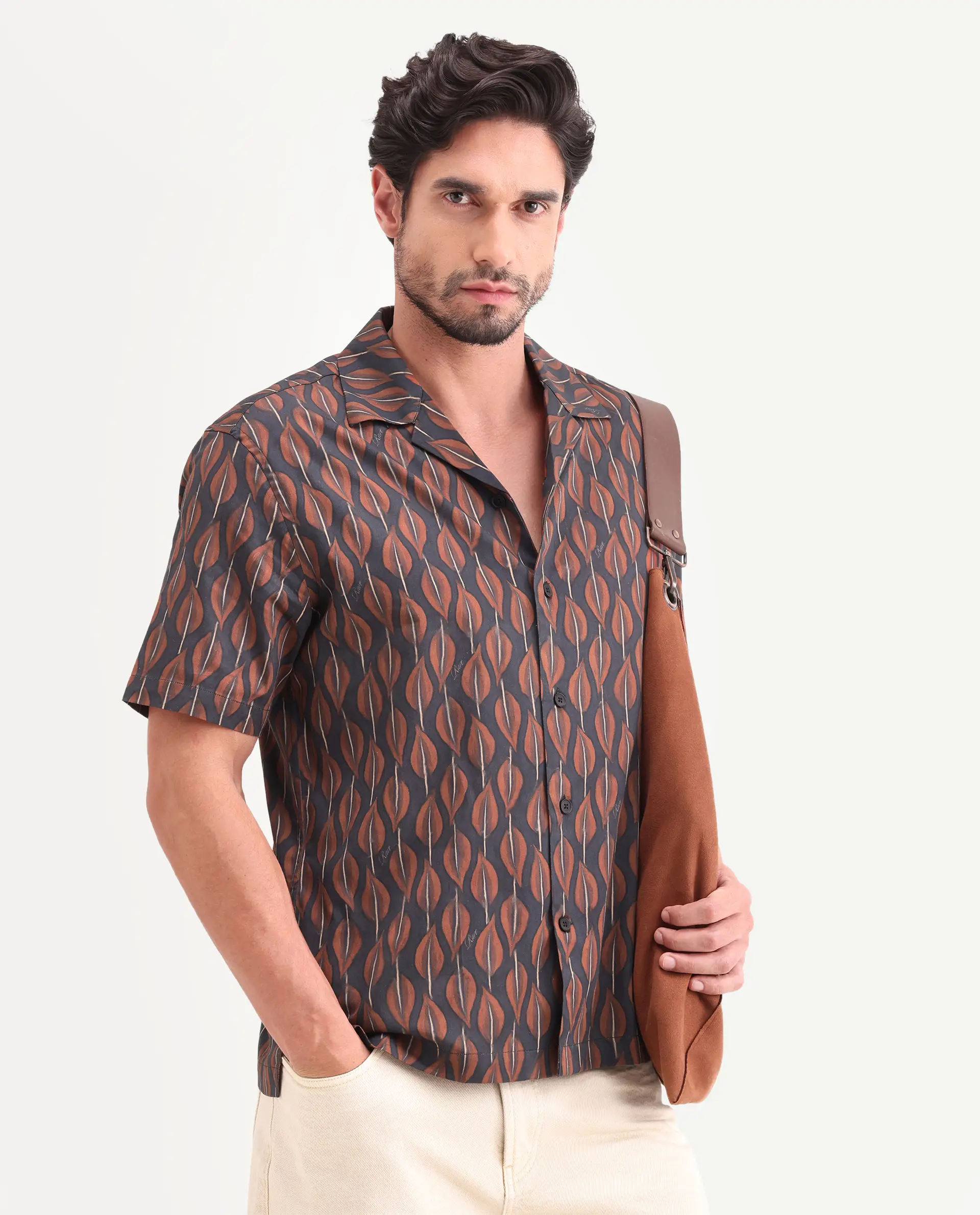 Rare Rabbit Men's Zuly Black Cotton Fabric Half Sleeve Spread Collar Regular Fit Tropical Print Shirt