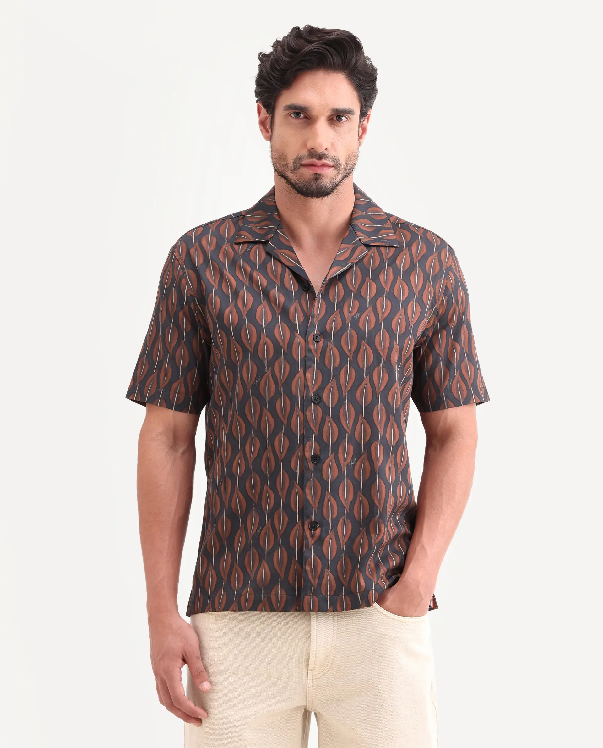 Rare Rabbit Men's Zuly Black Cotton Fabric Half Sleeve Spread Collar Regular Fit Tropical Print Shirt - Image 4