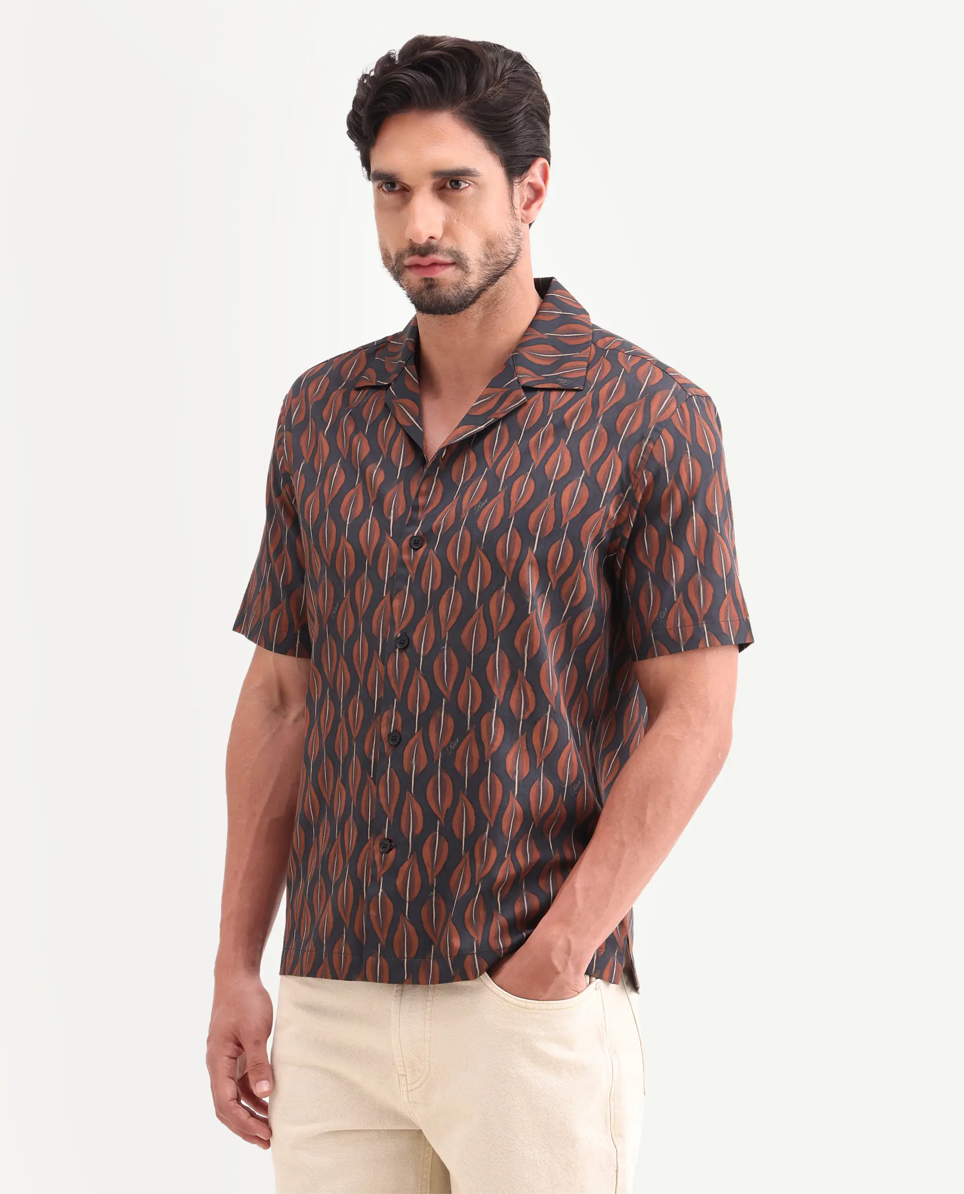 Rare Rabbit Men's Zuly Black Cotton Fabric Half Sleeve Spread Collar Regular Fit Tropical Print Shirt - Image 5