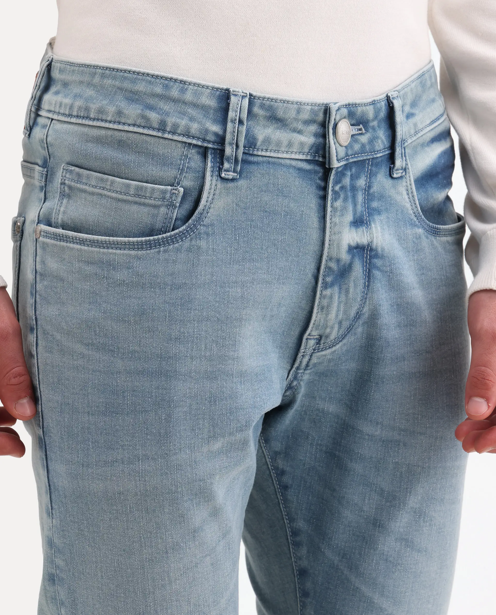 Rare Rabbit Men's Zuno L Light Blue Cotton Blend Fabric Shank And Zipper Hawk Slim Plain Jeans - Image 3