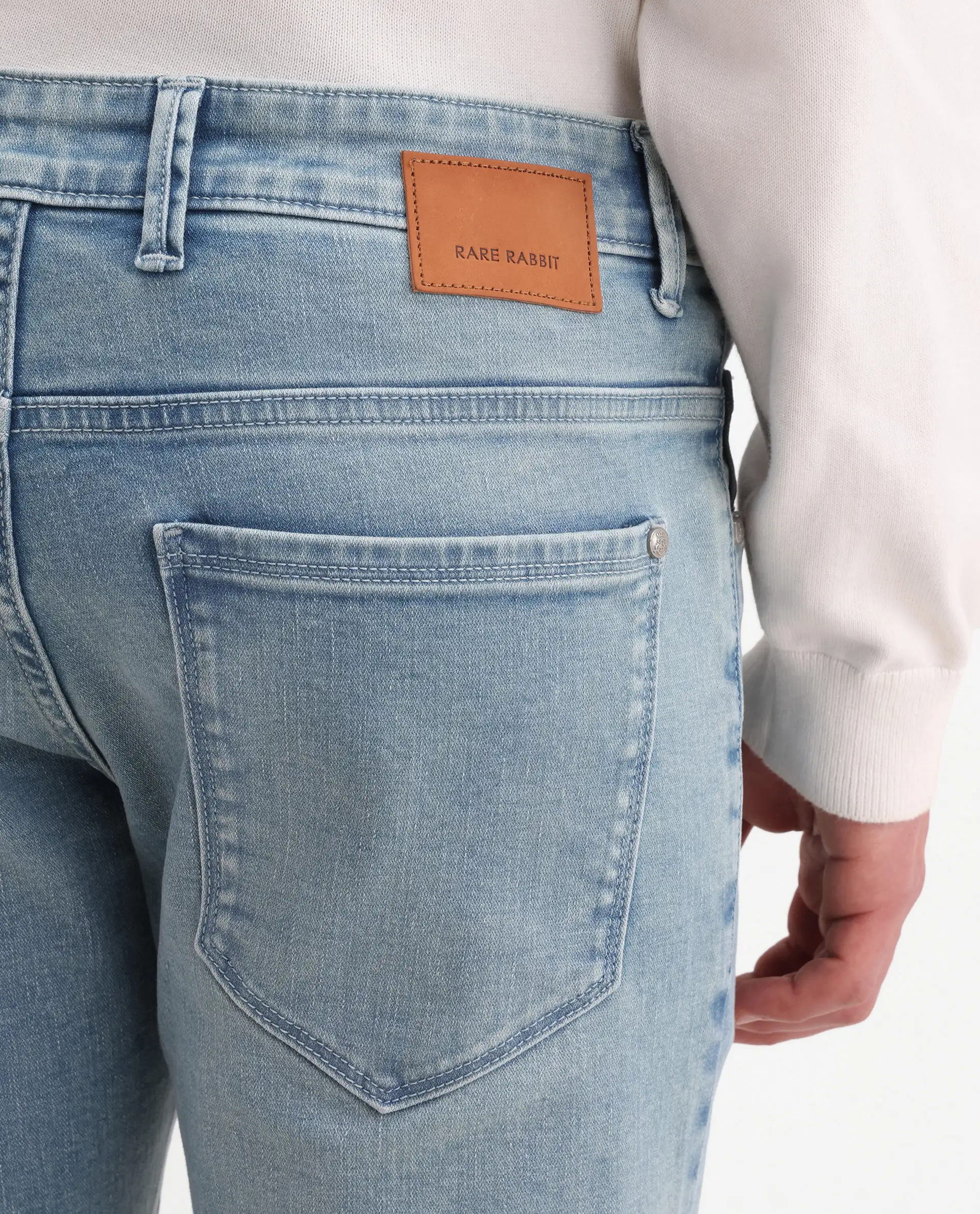 Rare Rabbit Men's Zuno L Light Blue Cotton Blend Fabric Shank And Zipper Hawk Slim Plain Jeans - Image 7