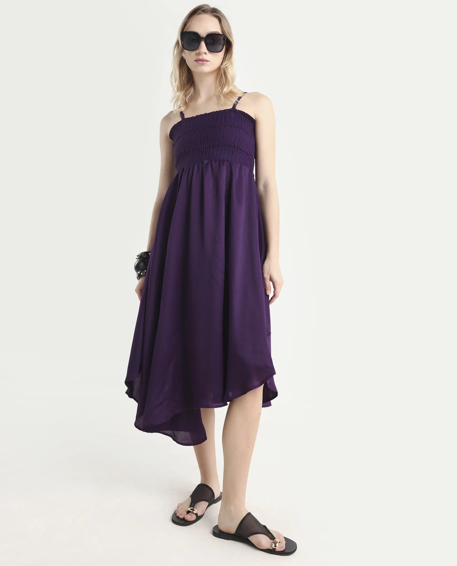 Rareism Women's Zuret Dark Purple Viscose Tube Neck Plain Sleeveless Knee Length Regular Fit Dress