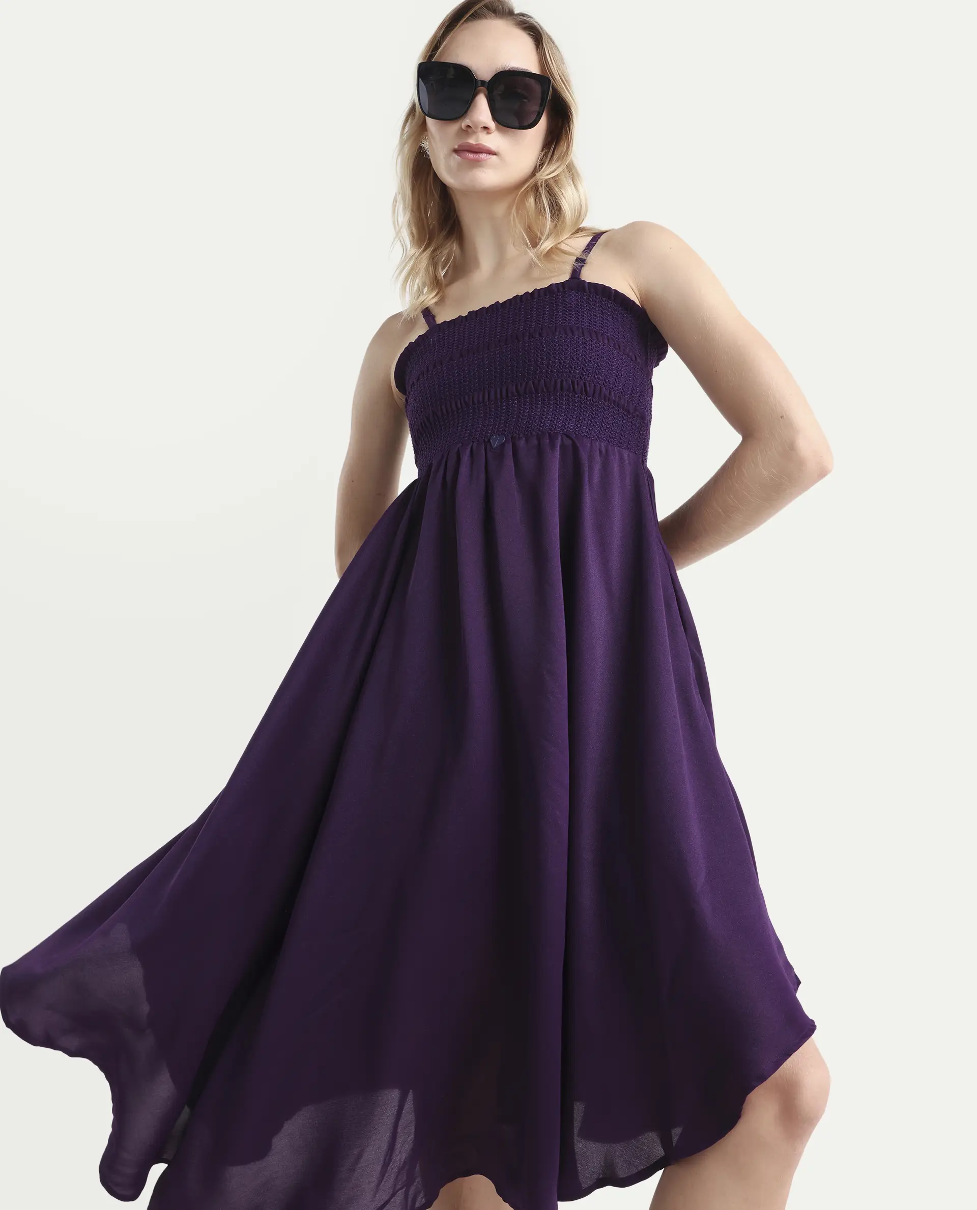 Rareism Women's Zuret Dark Purple Viscose Tube Neck Plain Sleeveless Knee Length Regular Fit Dress - Image 2