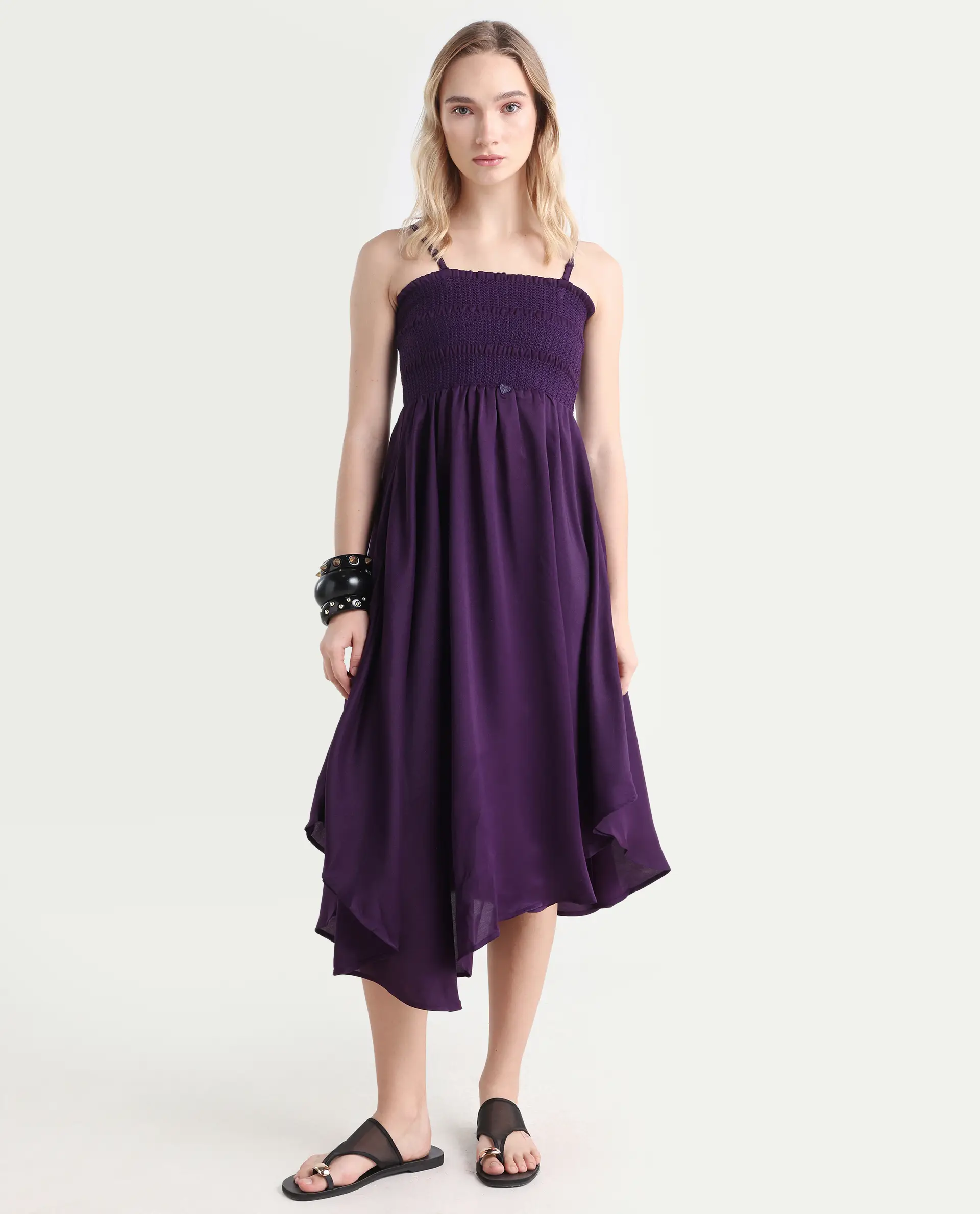 Rareism Women's Zuret Dark Purple Viscose Tube Neck Plain Sleeveless Knee Length Regular Fit Dress - Image 3