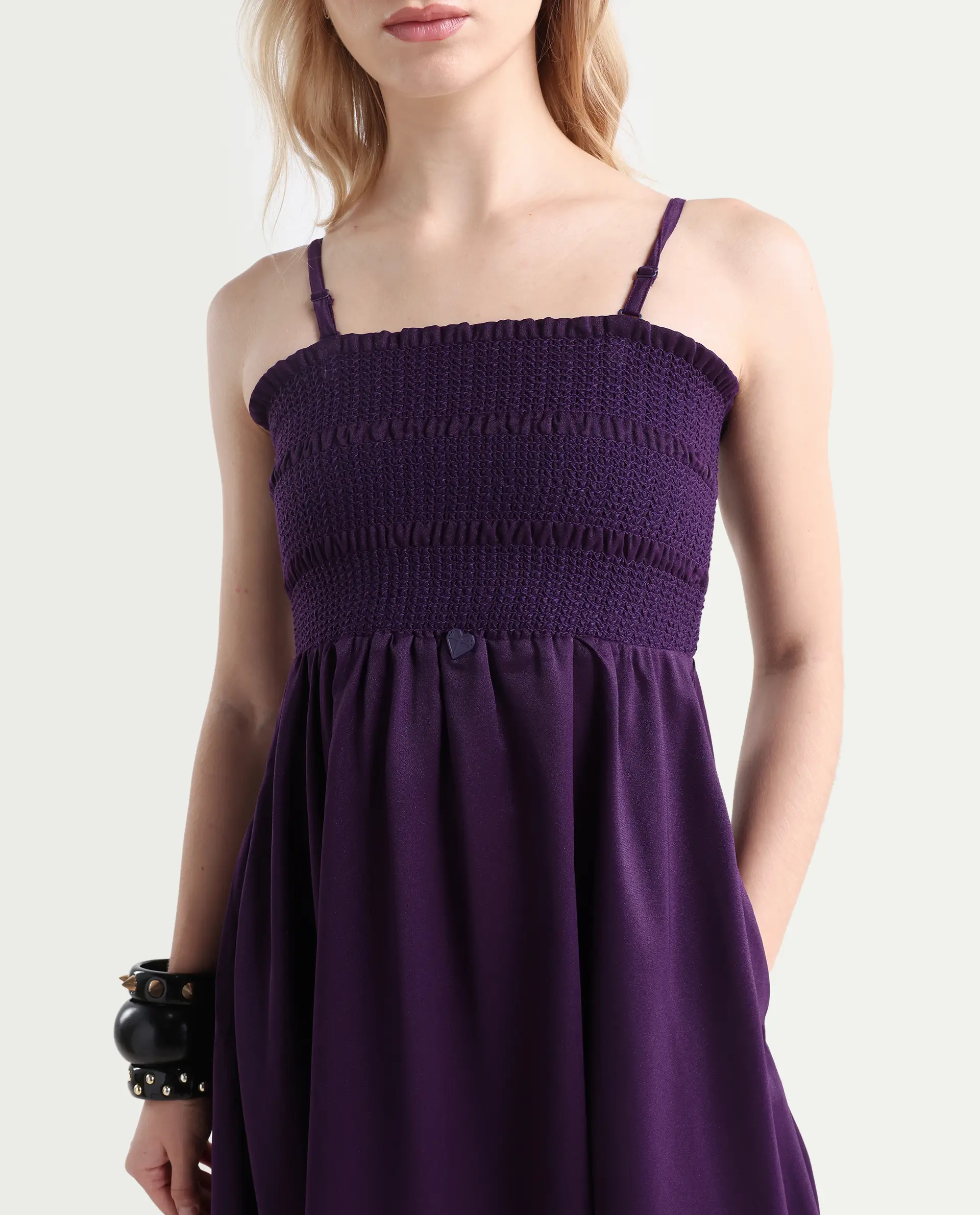 Rareism Women's Zuret Dark Purple Viscose Tube Neck Plain Sleeveless Knee Length Regular Fit Dress - Image 4