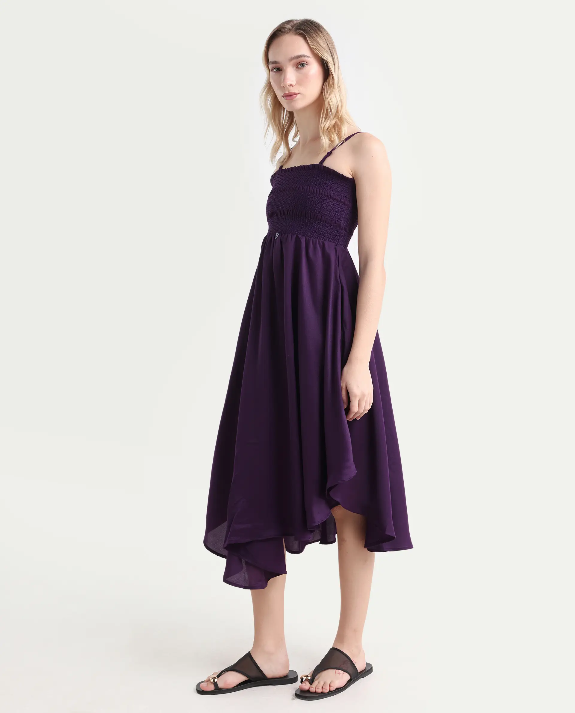 Rareism Women's Zuret Dark Purple Viscose Tube Neck Plain Sleeveless Knee Length Regular Fit Dress - Image 5