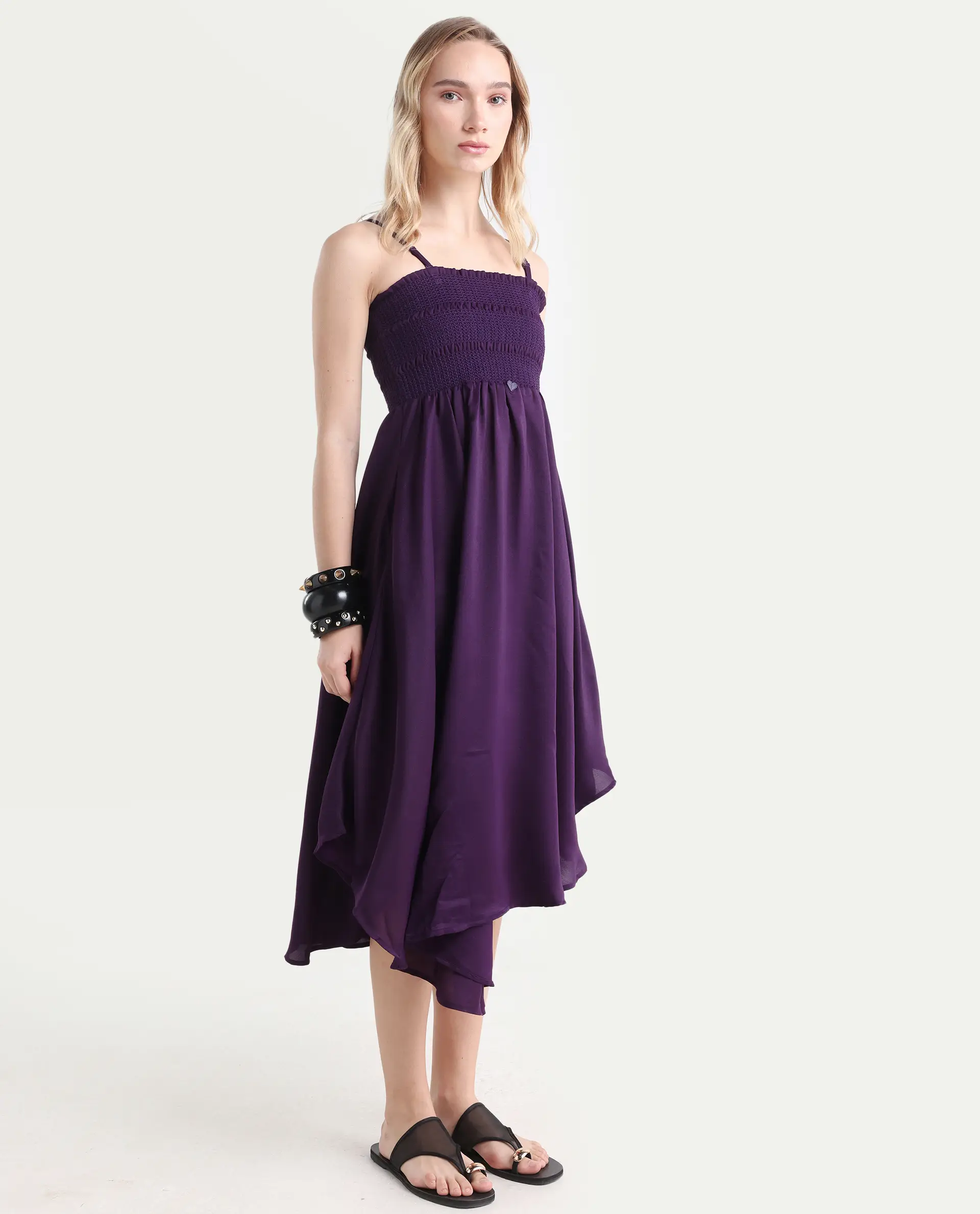 Rareism Women's Zuret Dark Purple Viscose Tube Neck Plain Sleeveless Knee Length Regular Fit Dress - Image 6