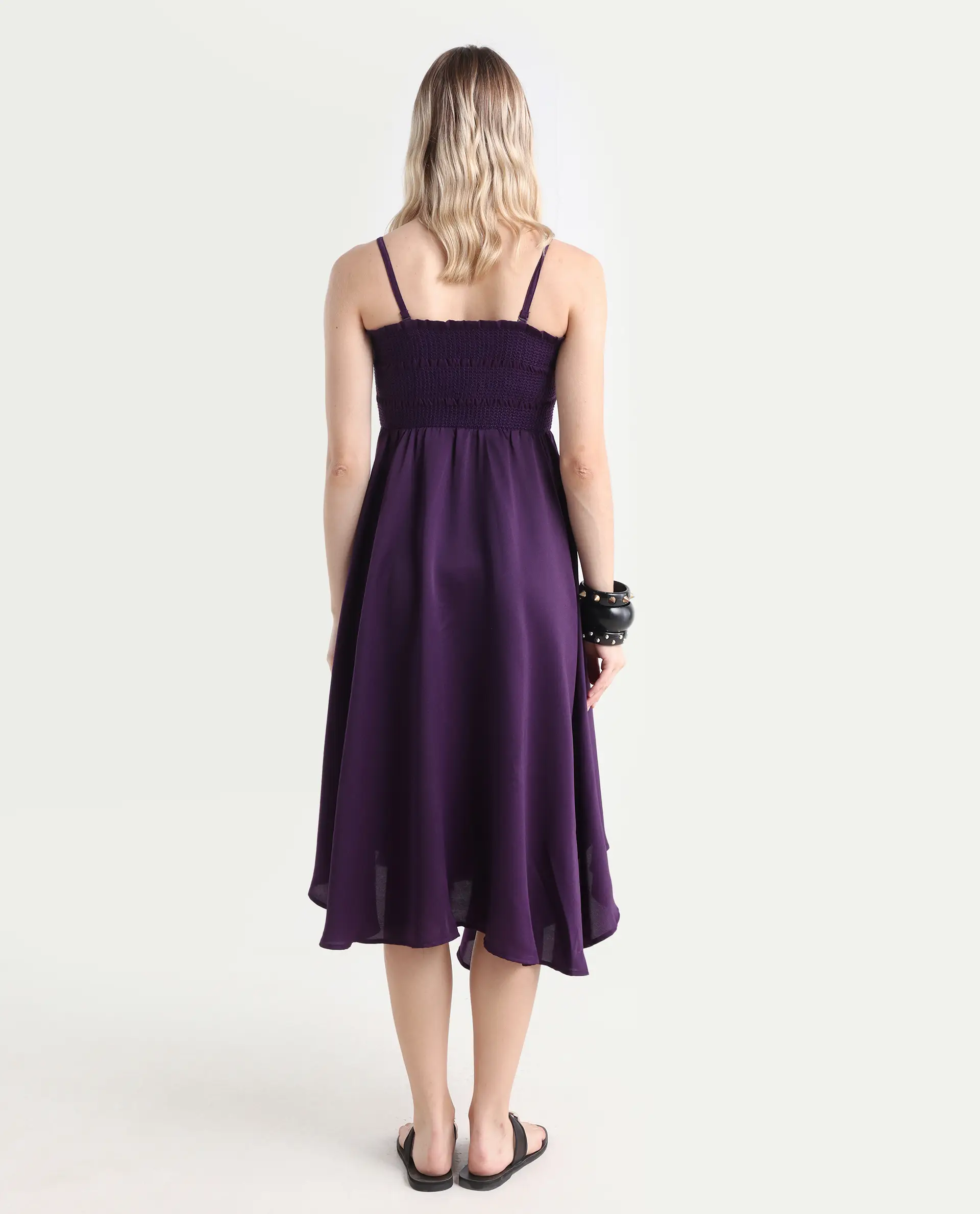 Rareism Women's Zuret Dark Purple Viscose Tube Neck Plain Sleeveless Knee Length Regular Fit Dress - Image 7