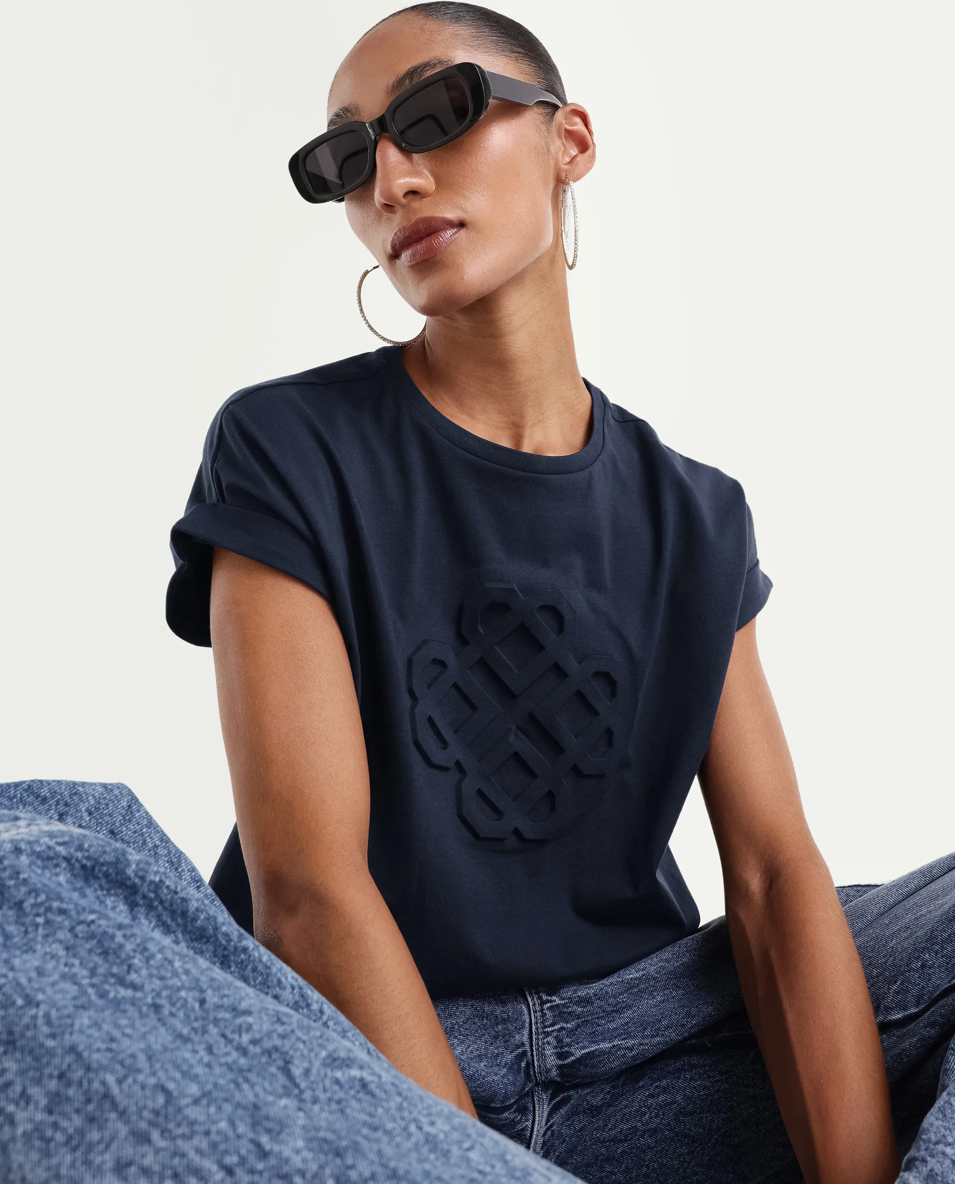 Rareism Women's Zurf Navy Cotton Blend Half Sleeve Relaxed Fit Plain T-Shirt