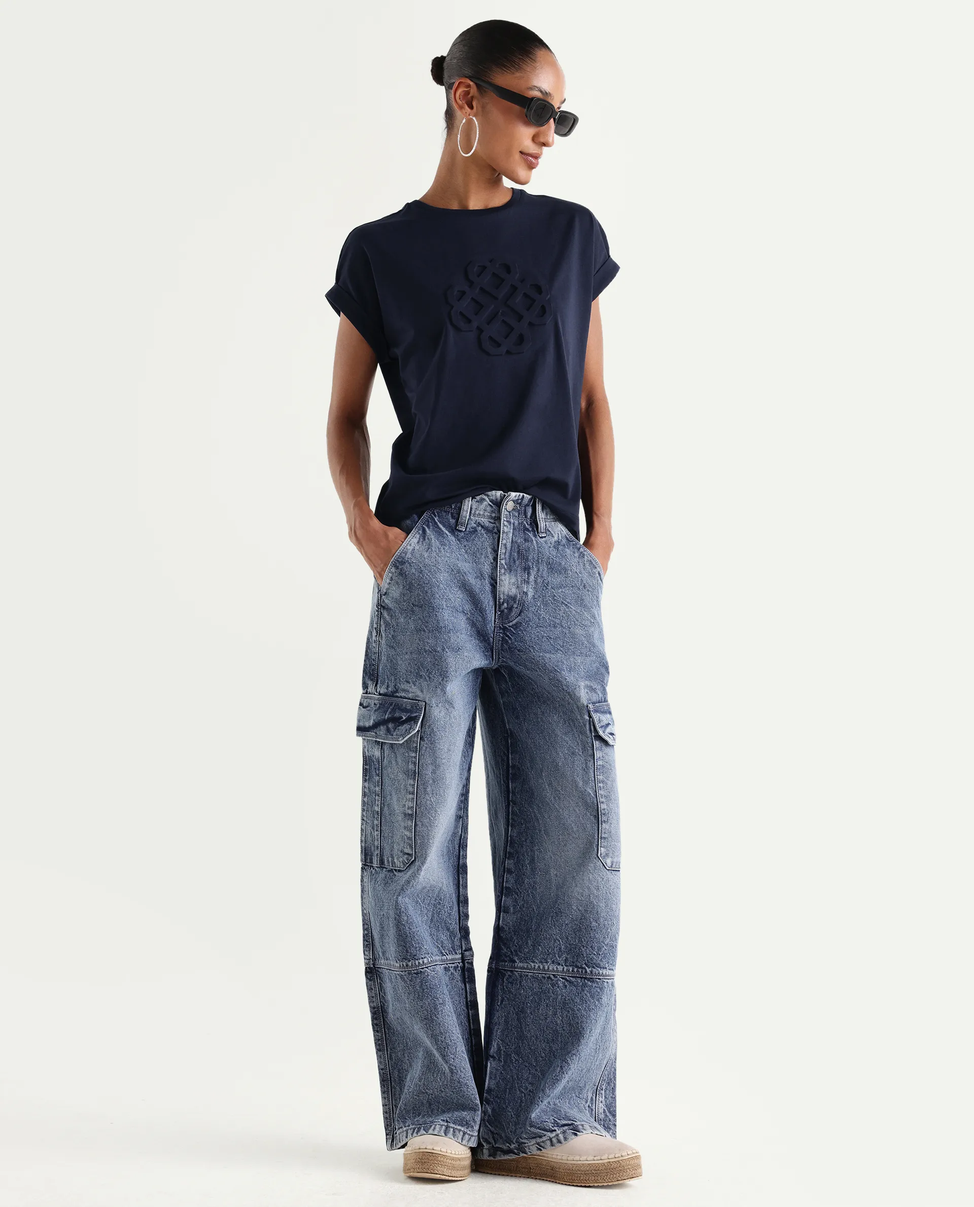Rareism Women's Zurf Navy Cotton Blend Half Sleeve Relaxed Fit Plain T-Shirt - Image 2