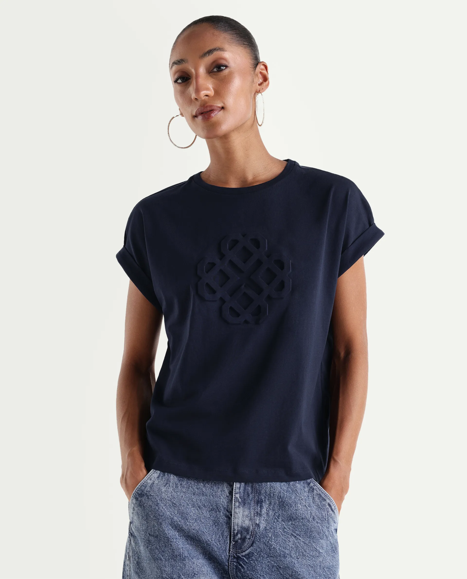 Rareism Women's Zurf Navy Cotton Blend Half Sleeve Relaxed Fit Plain T-Shirt - Image 3