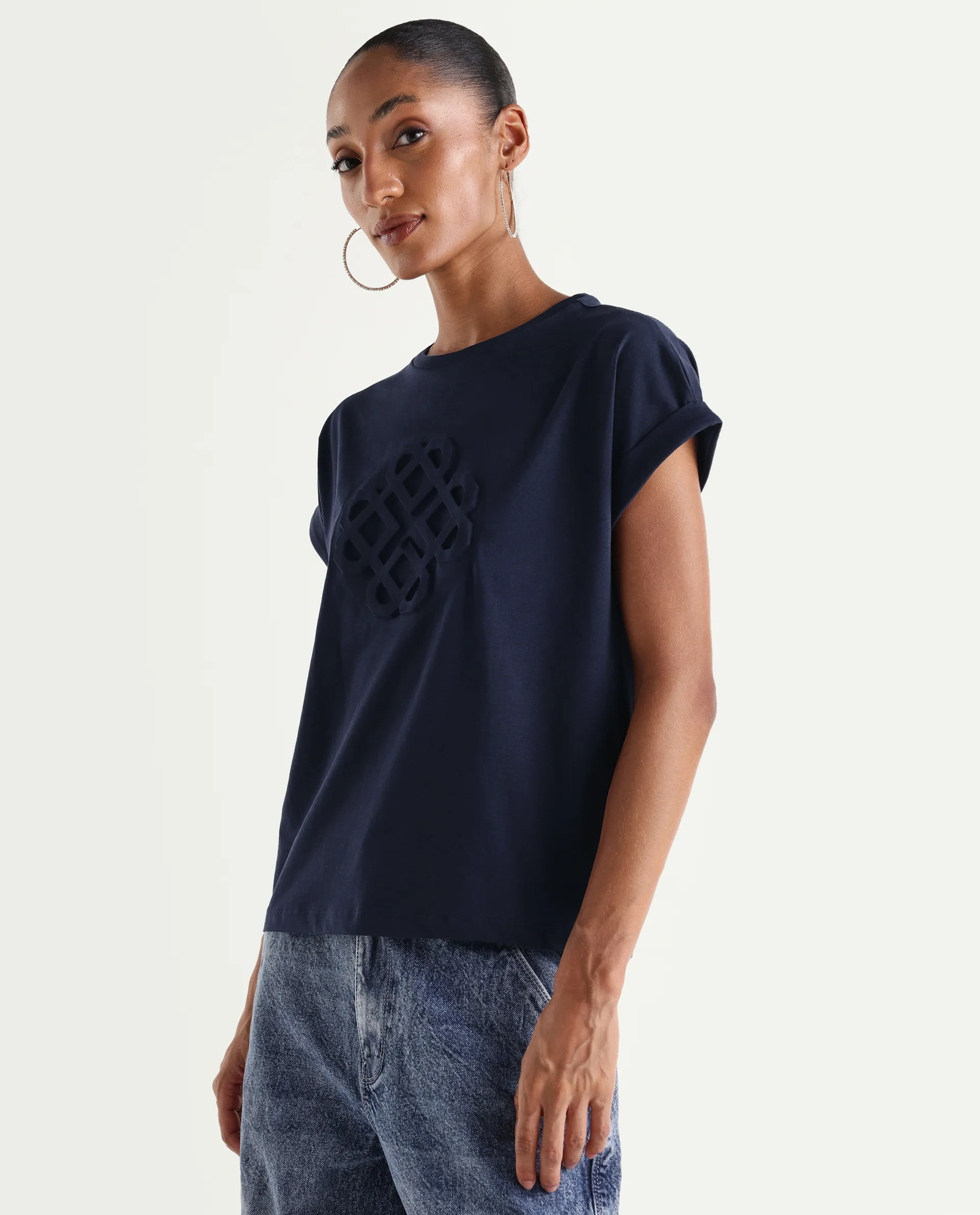 Rareism Women's Zurf Navy Cotton Blend Half Sleeve Relaxed Fit Plain T-Shirt - Image 5