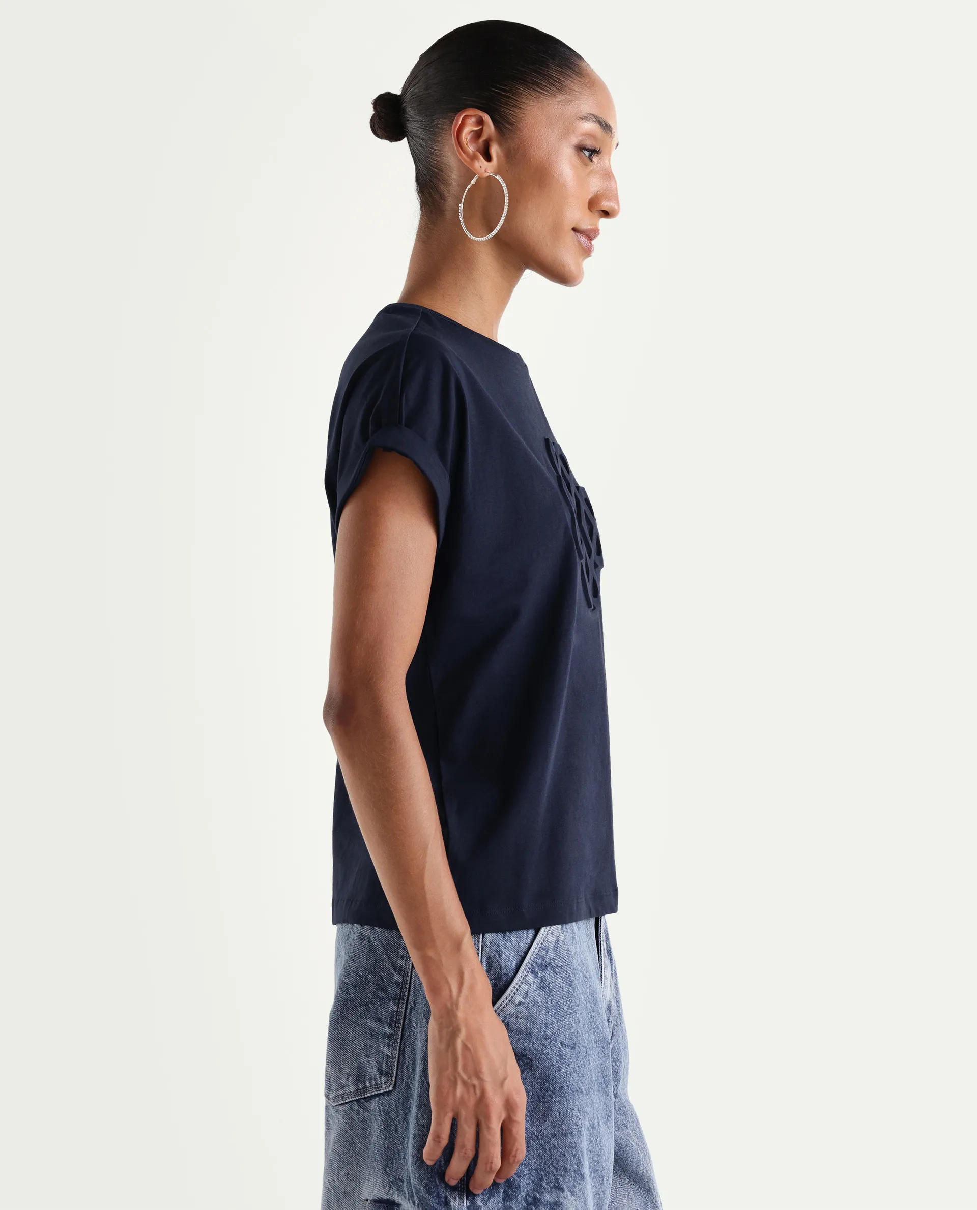 Rareism Women's Zurf Navy Cotton Blend Half Sleeve Relaxed Fit Plain T-Shirt - Image 6