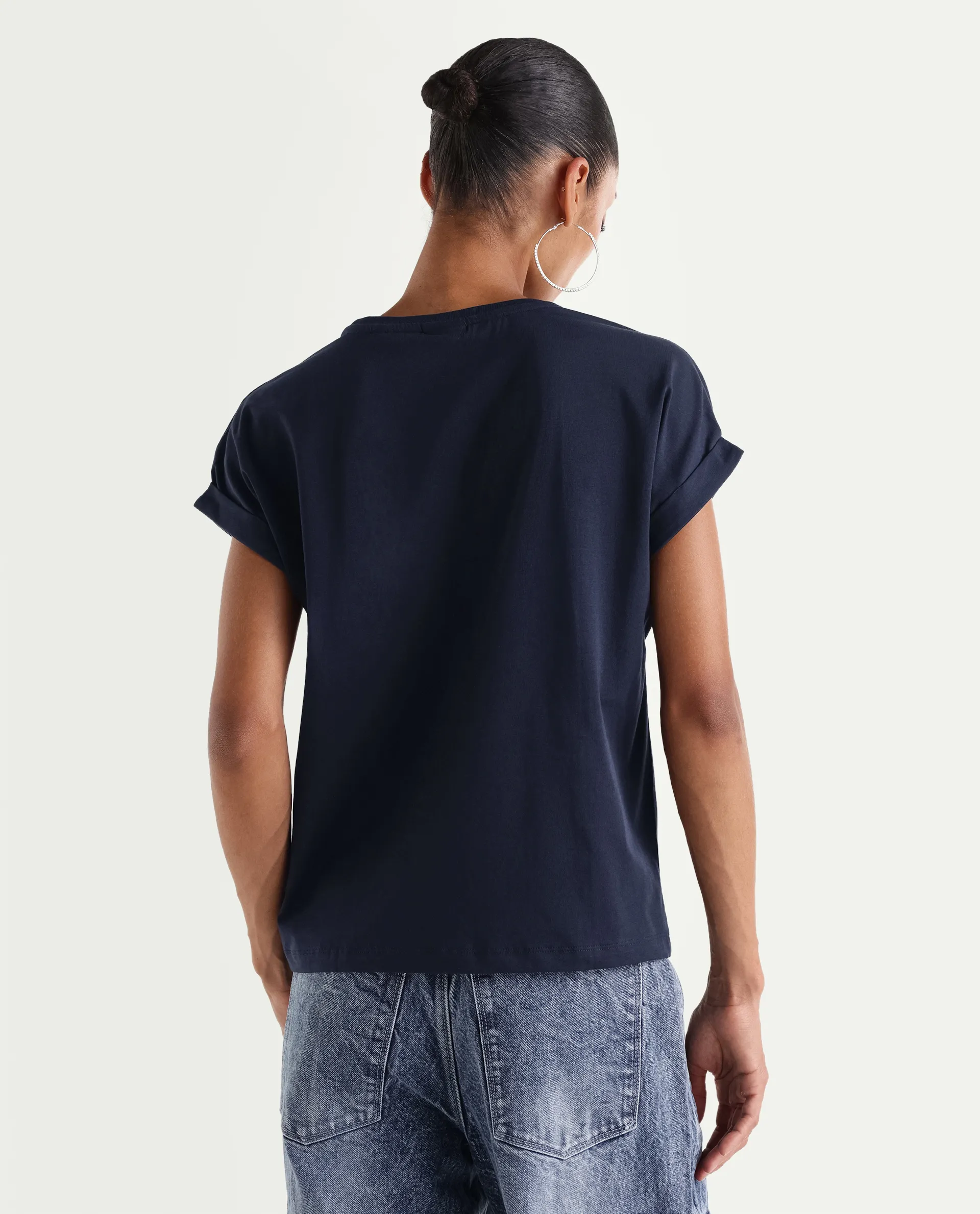 Rareism Women's Zurf Navy Cotton Blend Half Sleeve Relaxed Fit Plain T-Shirt - Image 7