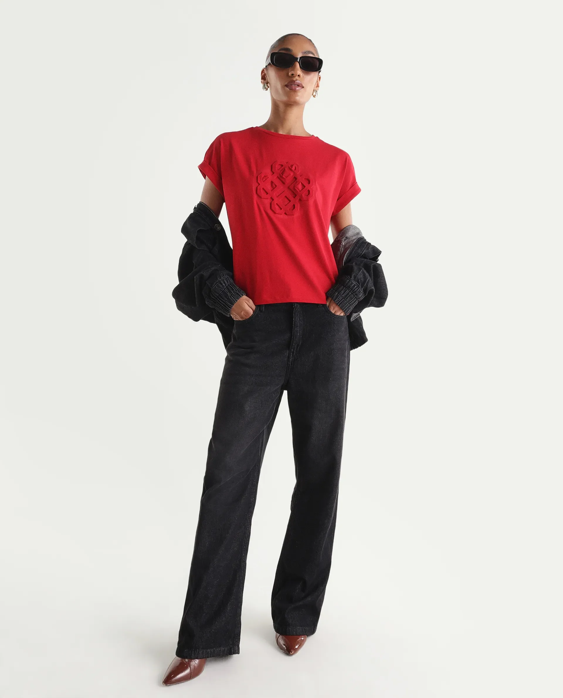 Rareism Women's Zurf Red Cotton Blend Half Sleeve Relaxed Fit Plain T-Shirt - Image 2