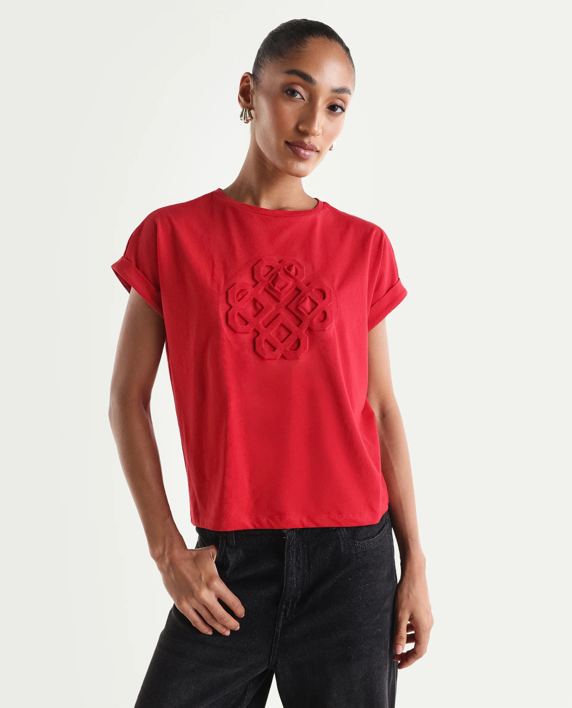 Rareism Women's Zurf Red Cotton Blend Half Sleeve Relaxed Fit Plain T-Shirt - Image 3