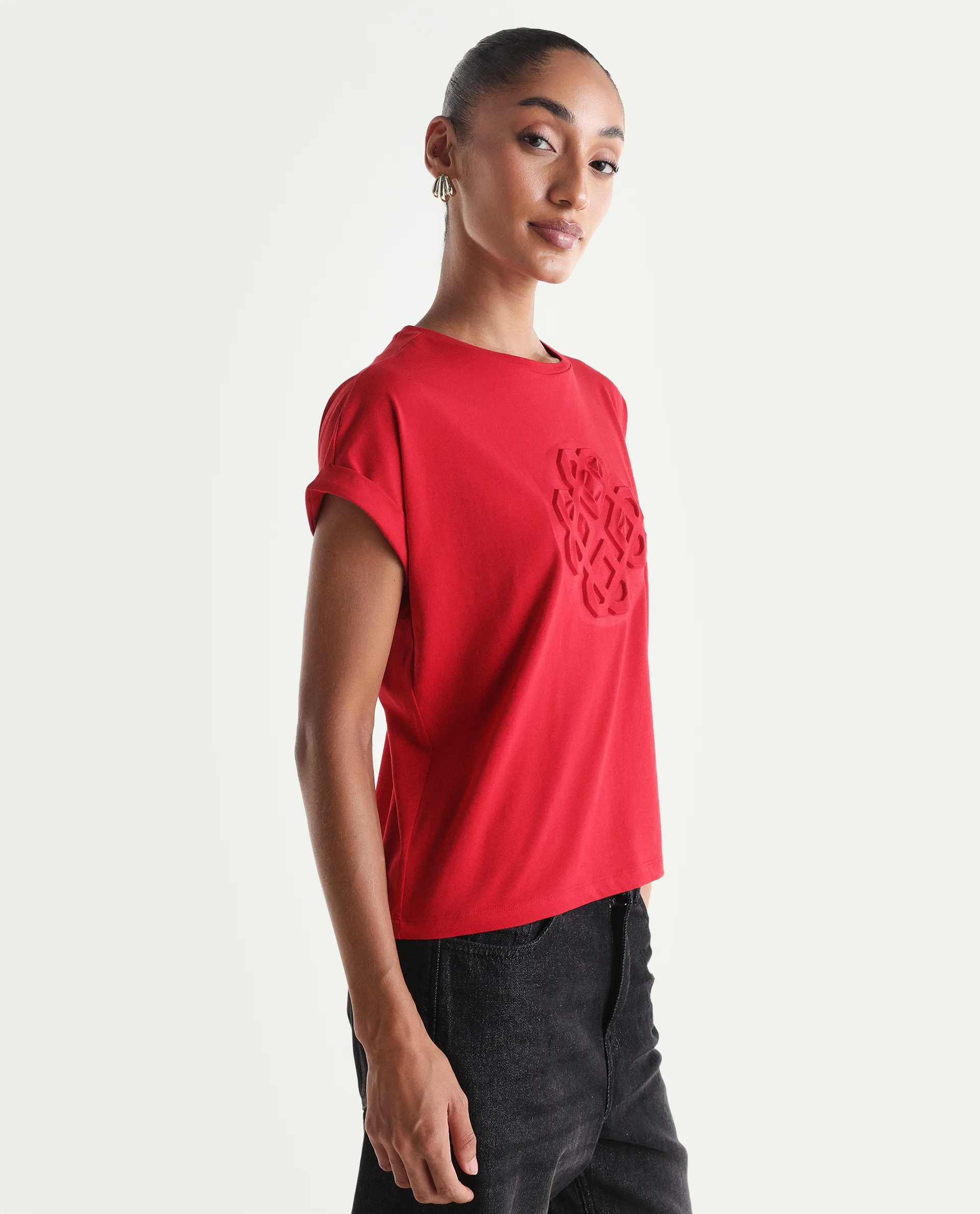 Rareism Women's Zurf Red Cotton Blend Half Sleeve Relaxed Fit Plain T-Shirt - Image 5