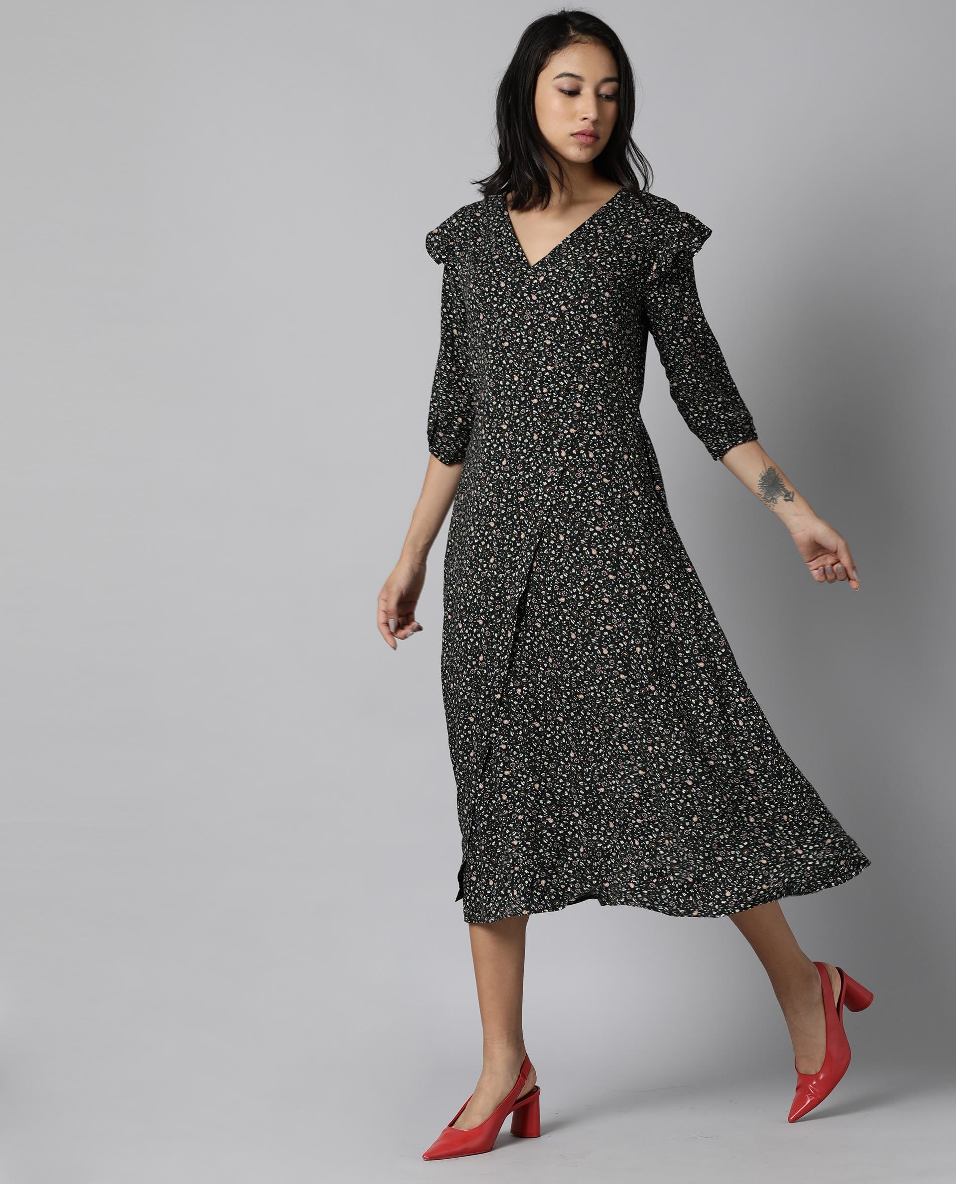 Rareism Women Zuri Green Dress Full Sleeves Printed - Image 4