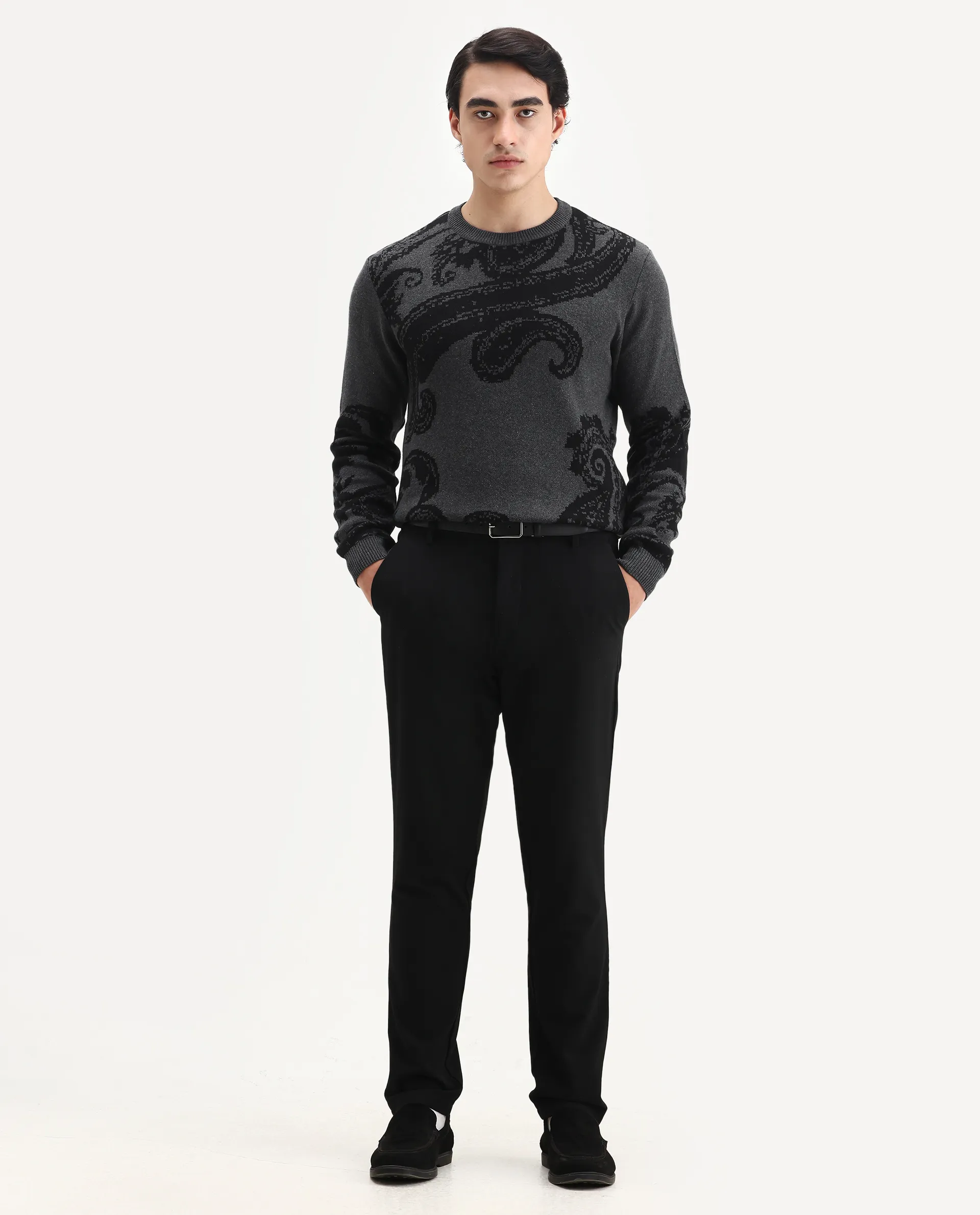 Rare Rabbit Men's Zuri Grey Cotton Jacquard Regular Fit Full Sleeve Crew Neck Sweater - Image 2