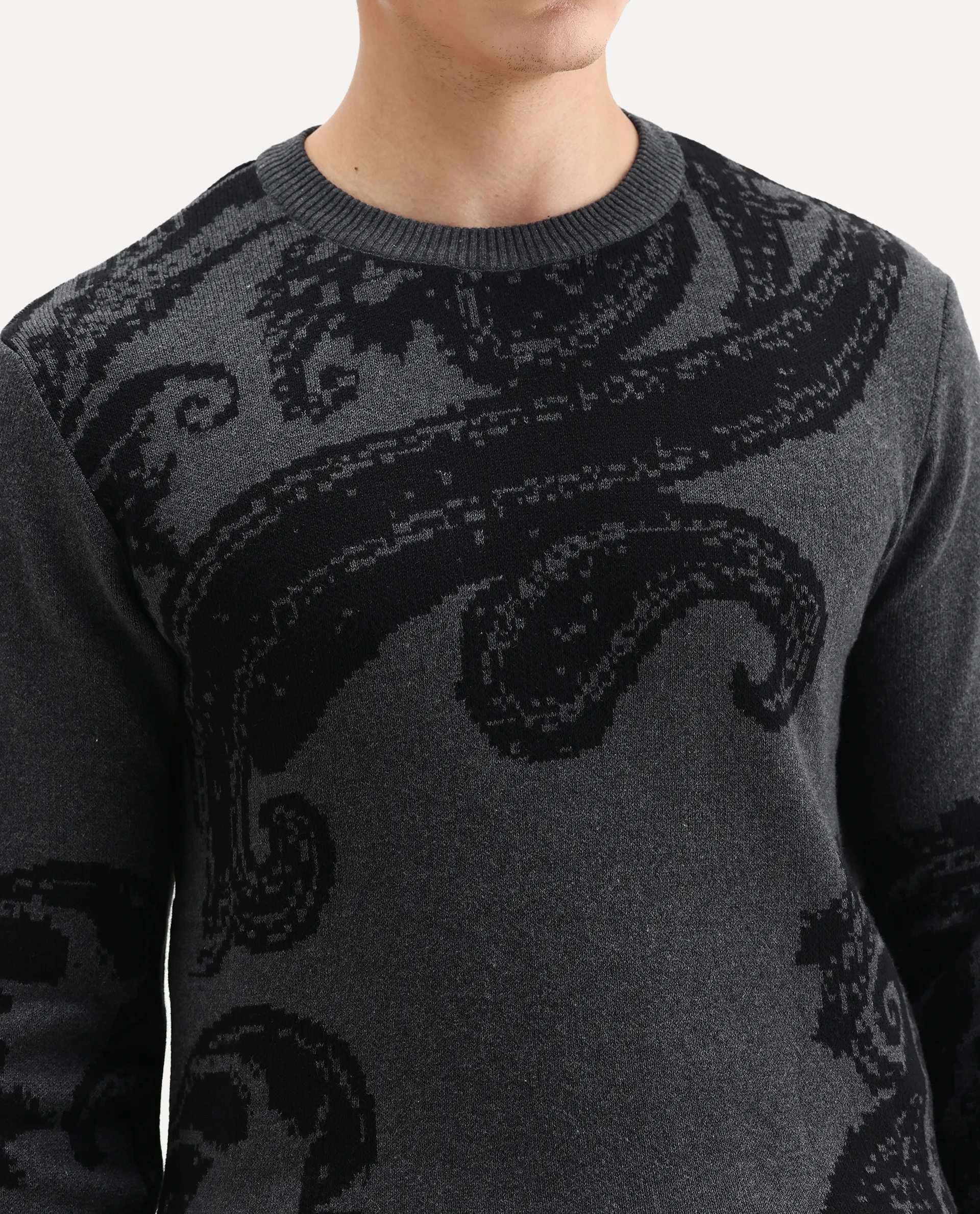 Rare Rabbit Men's Zuri Grey Cotton Jacquard Regular Fit Full Sleeve Crew Neck Sweater - Image 3
