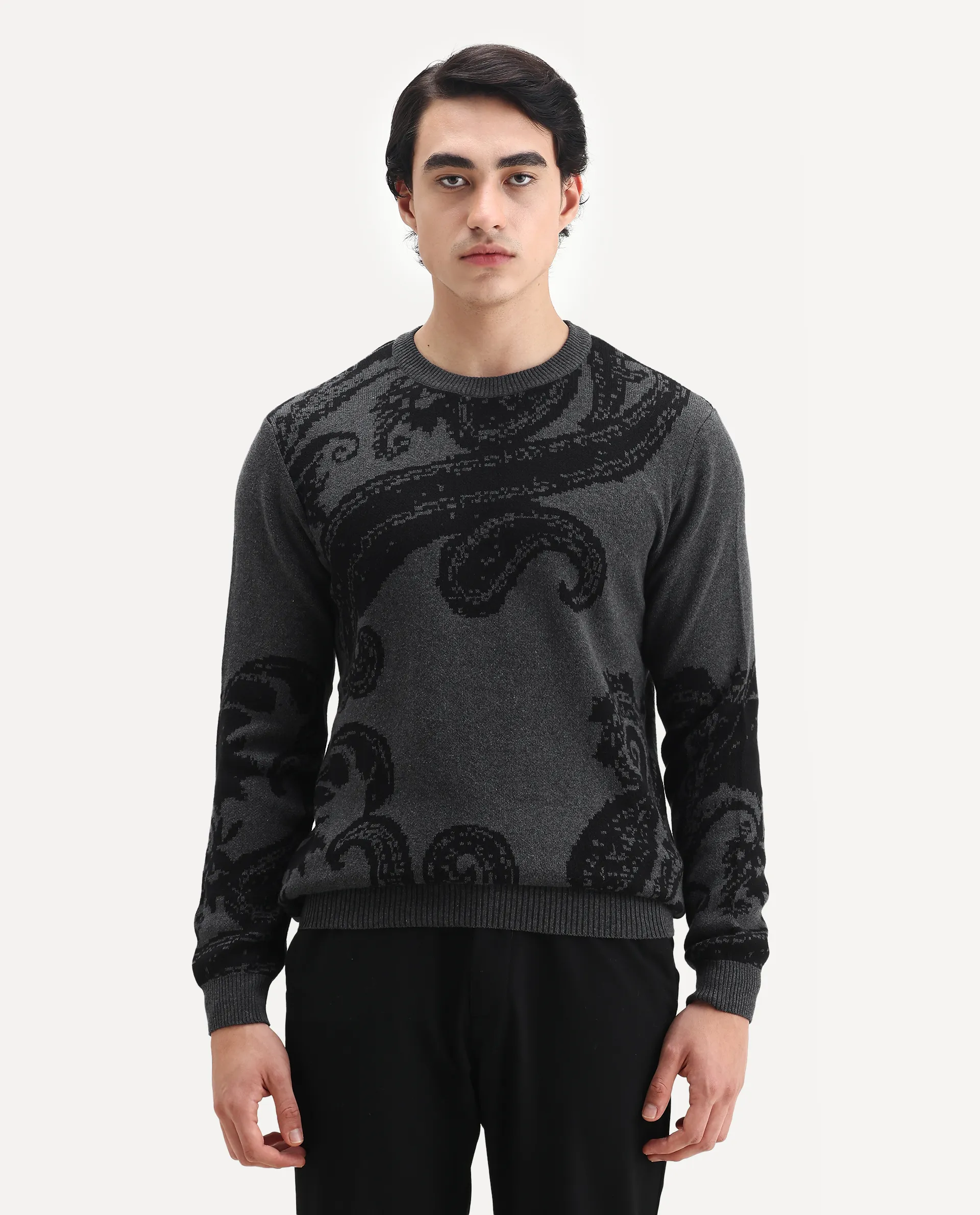 Rare Rabbit Men's Zuri Grey Cotton Jacquard Regular Fit Full Sleeve Crew Neck Sweater - Image 4