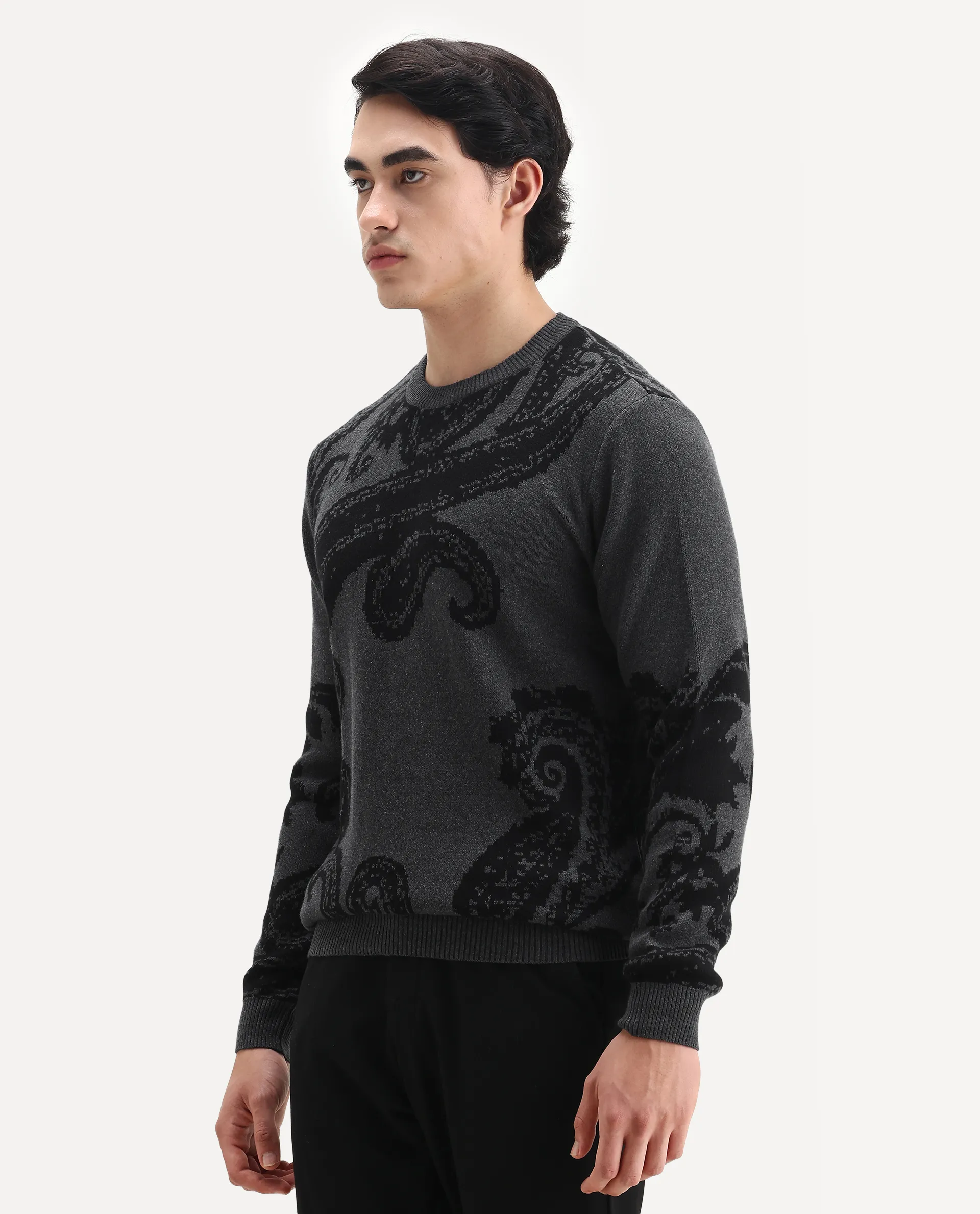 Rare Rabbit Men's Zuri Grey Cotton Jacquard Regular Fit Full Sleeve Crew Neck Sweater - Image 5