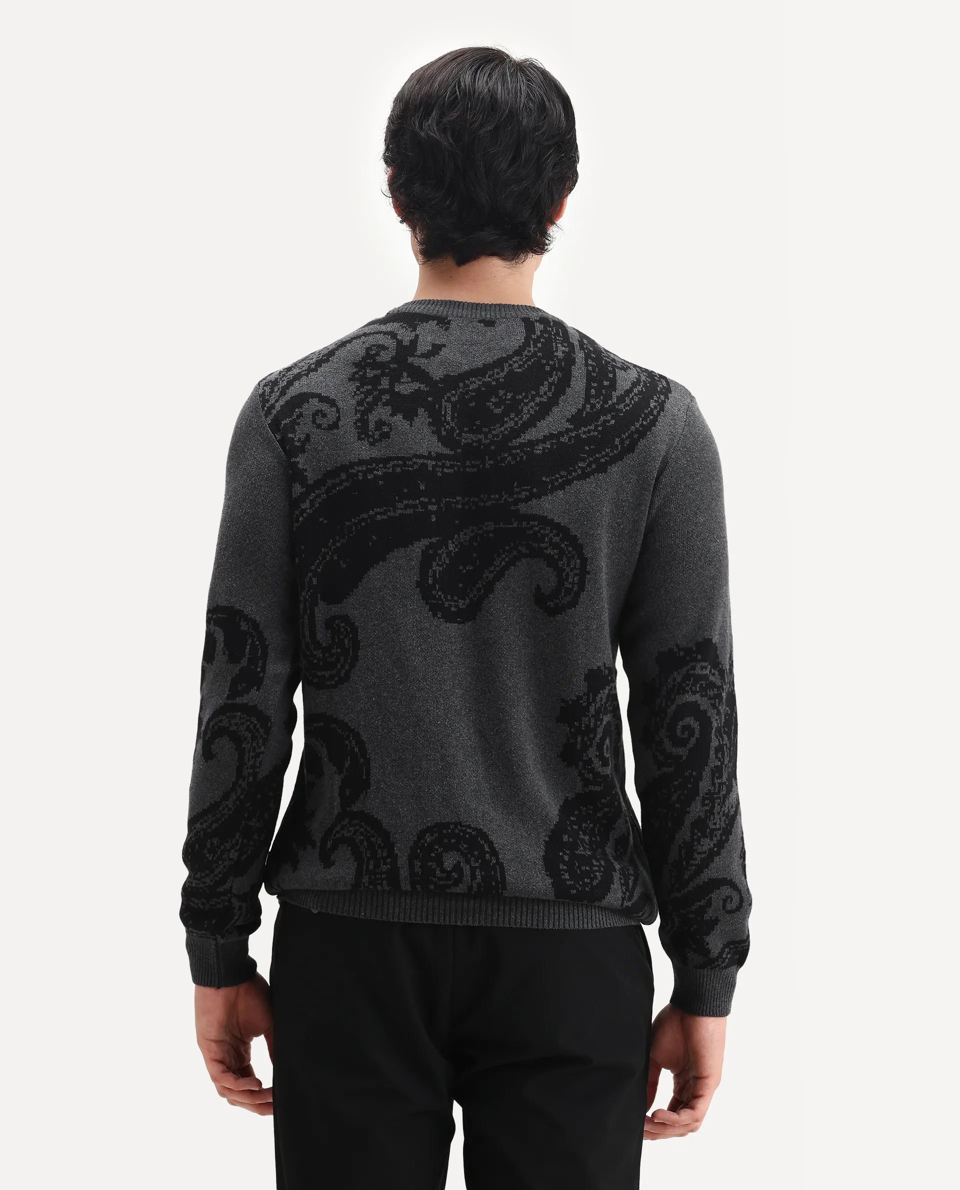 Rare Rabbit Men's Zuri Grey Cotton Jacquard Regular Fit Full Sleeve Crew Neck Sweater - Image 7